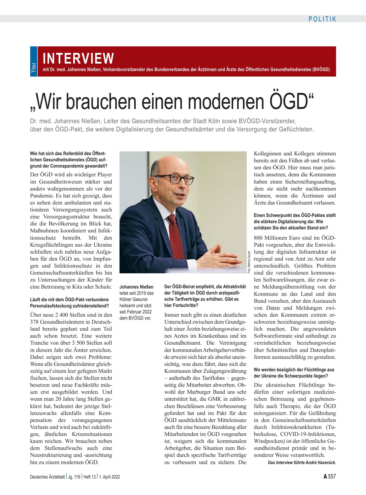 Vorschauseite 1: Interview mit Dr. med. Johannes Nießen, Verbandsvorsitzender des Bundesverbandes der Ärztinnen und Ärzte des Öffentlichen Gesundheitsdienstes (BVÖGD): „Wir brauchen einen modernen…