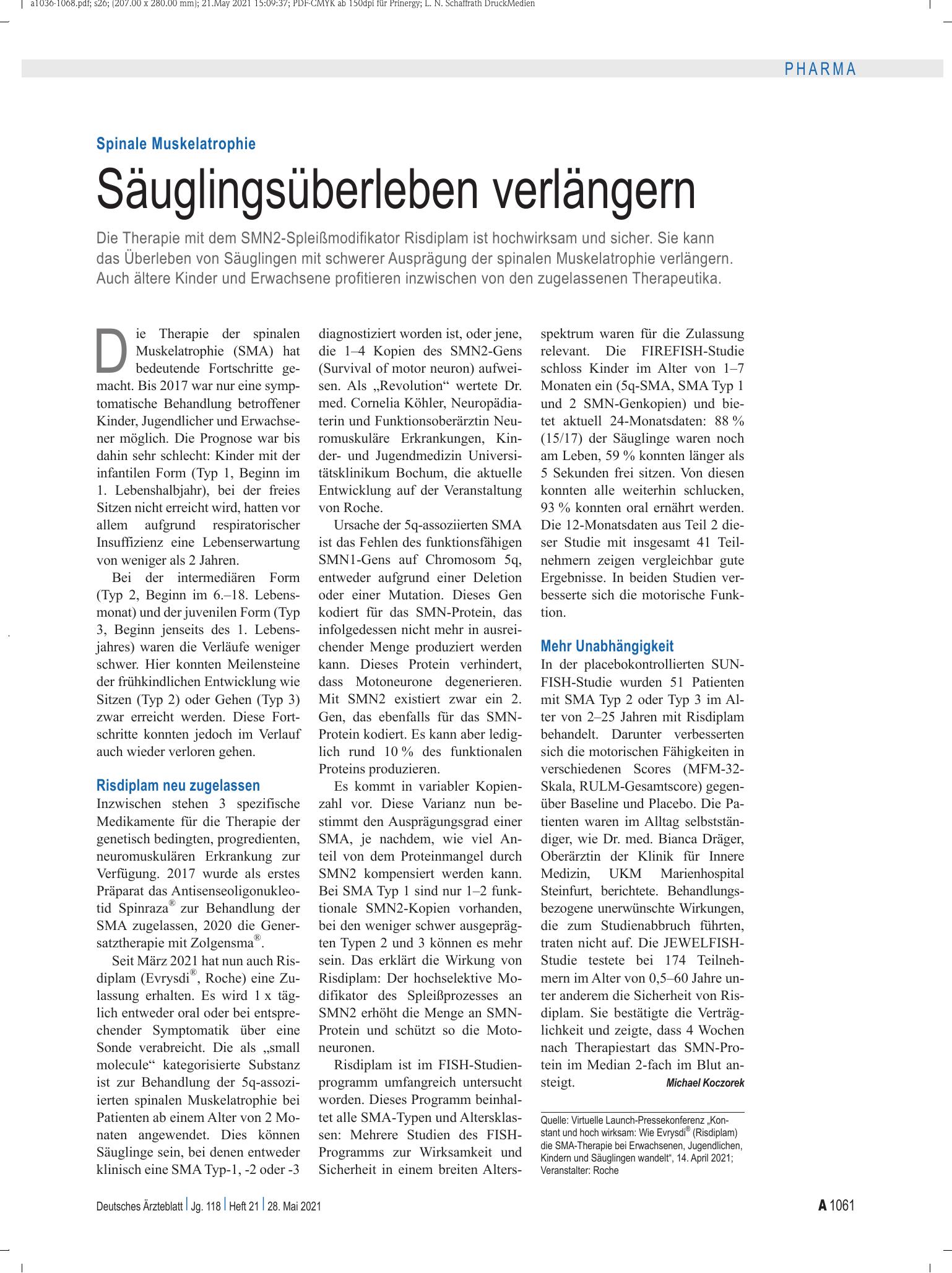 Vorschauseite 1: Spinale Muskelatrophie: Säuglingsüberleben verlängern – Deutsches Ärzteblatt