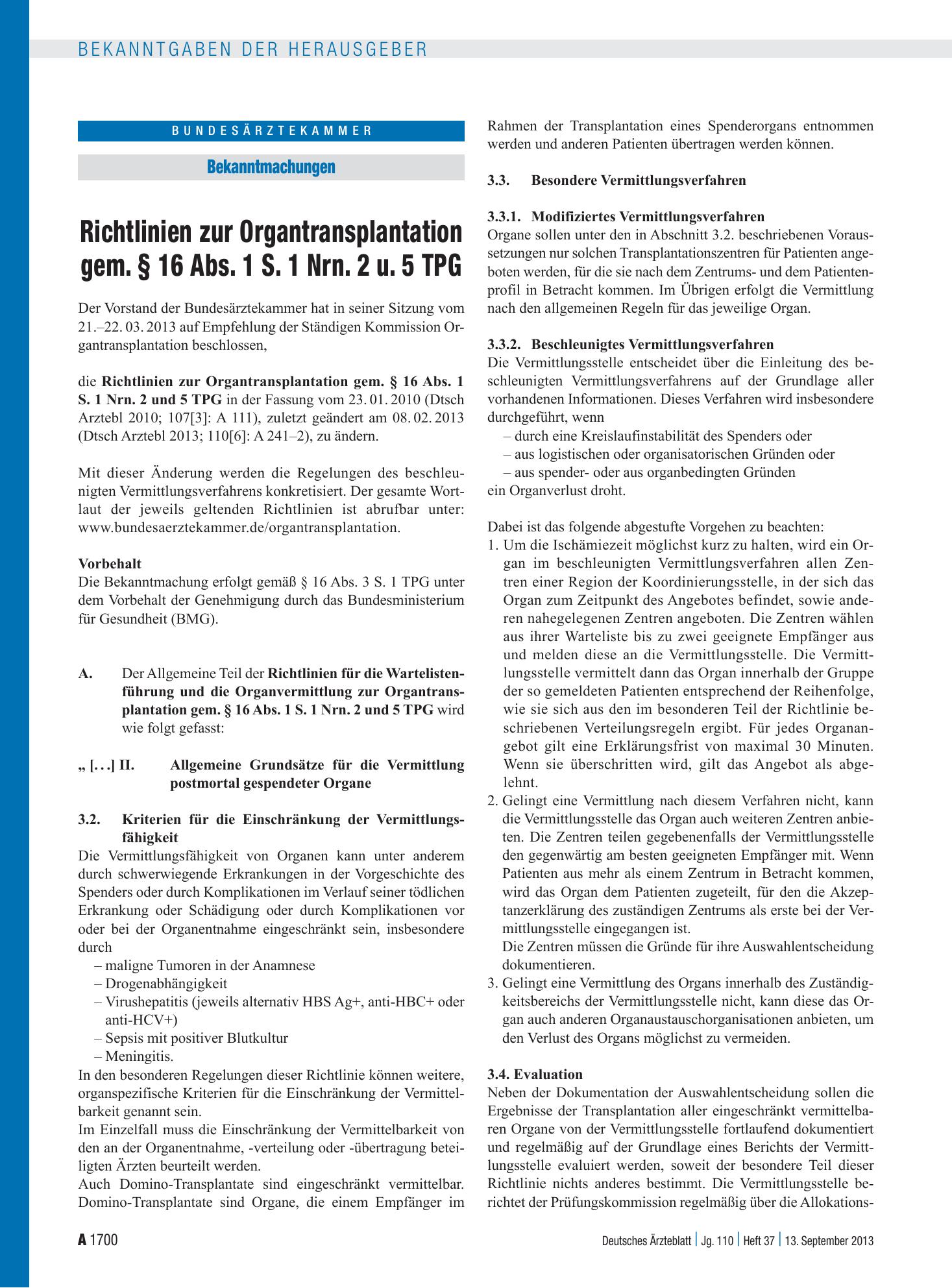 Vorschauseite 1: Richtlinien zur Organtransplantation gem. § 16 Abs. 1 S. 1 Nrn. 2 u. 5 TPG – Deutsches Ärzteblatt