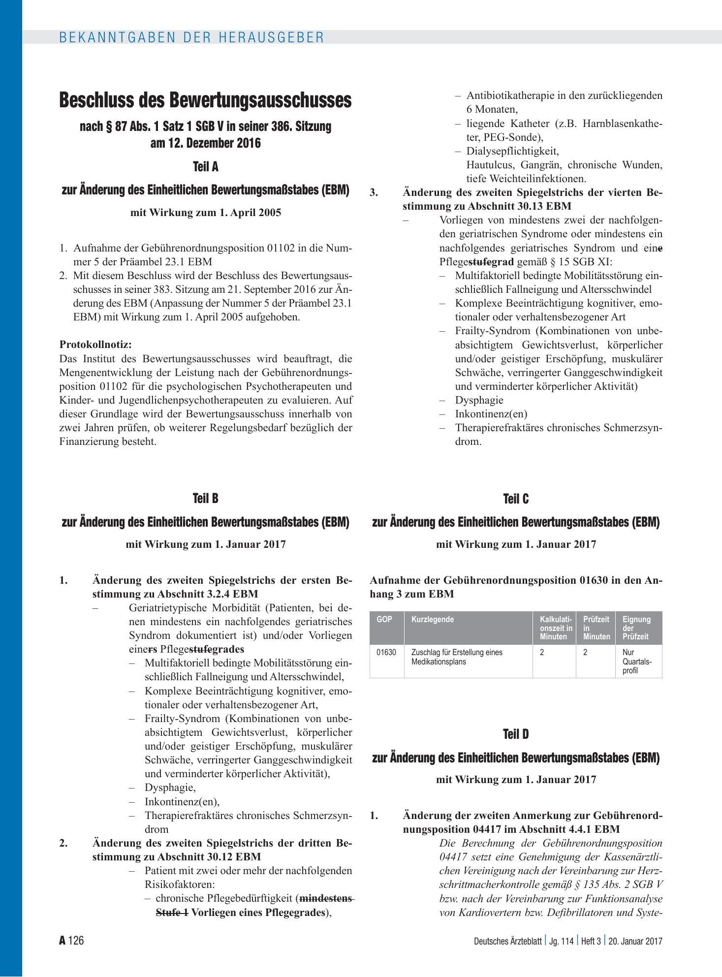 Vorschauseite 1: Beschluss des Bewertungsausschusses nach § 87 Abs. 1 Satz 1 SGB V in seiner 386. Sitzung am 12. Dezember 2016 zur Änderung des Einheitlichen Bewertungsmaßstabes (EBM) – Deutsches…