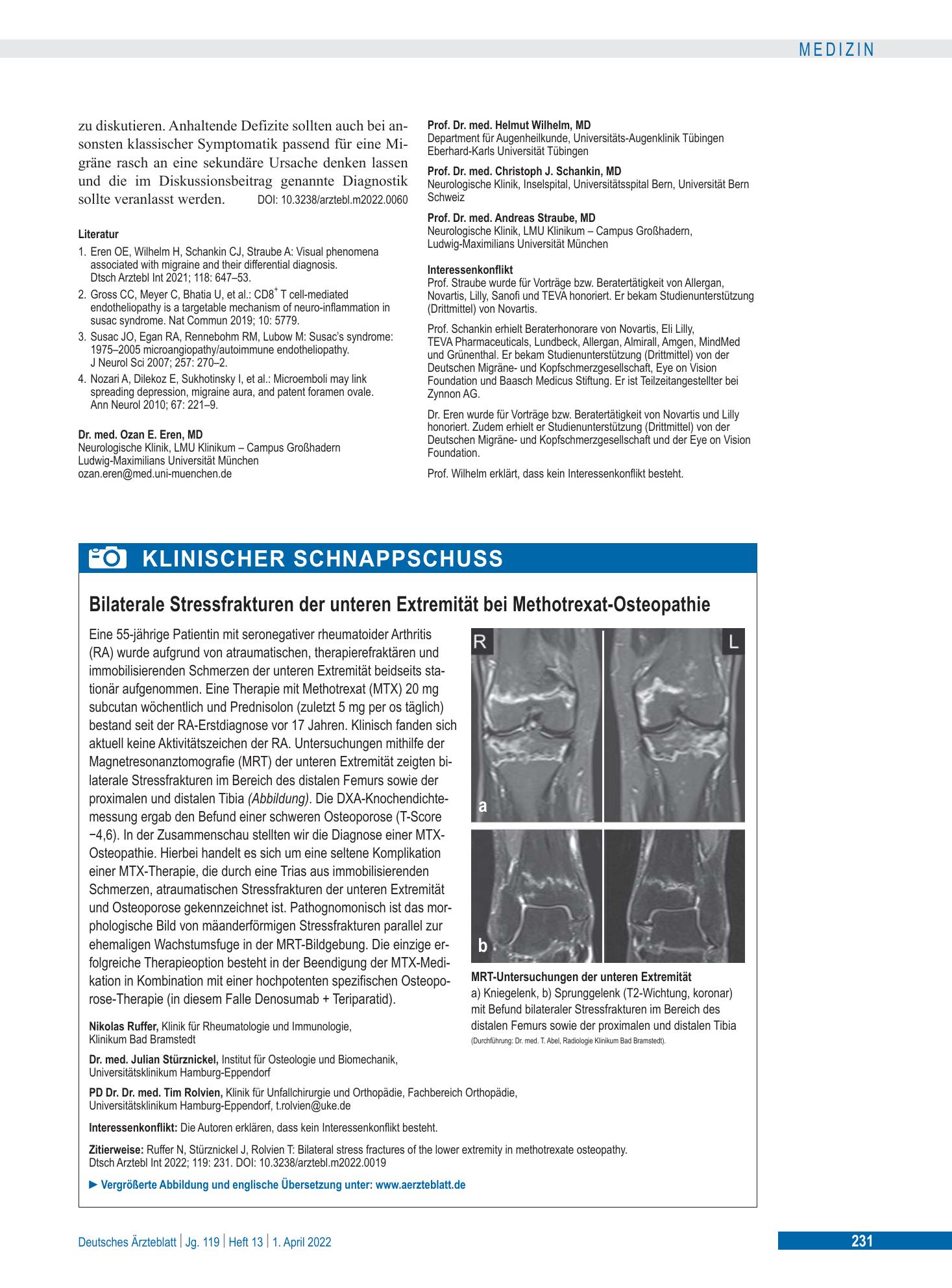 Vorschauseite 1: Bilaterale Stressfrakturen der unteren Extremität bei Methotrexat-Osteopathie – Deutsches Ärzteblatt