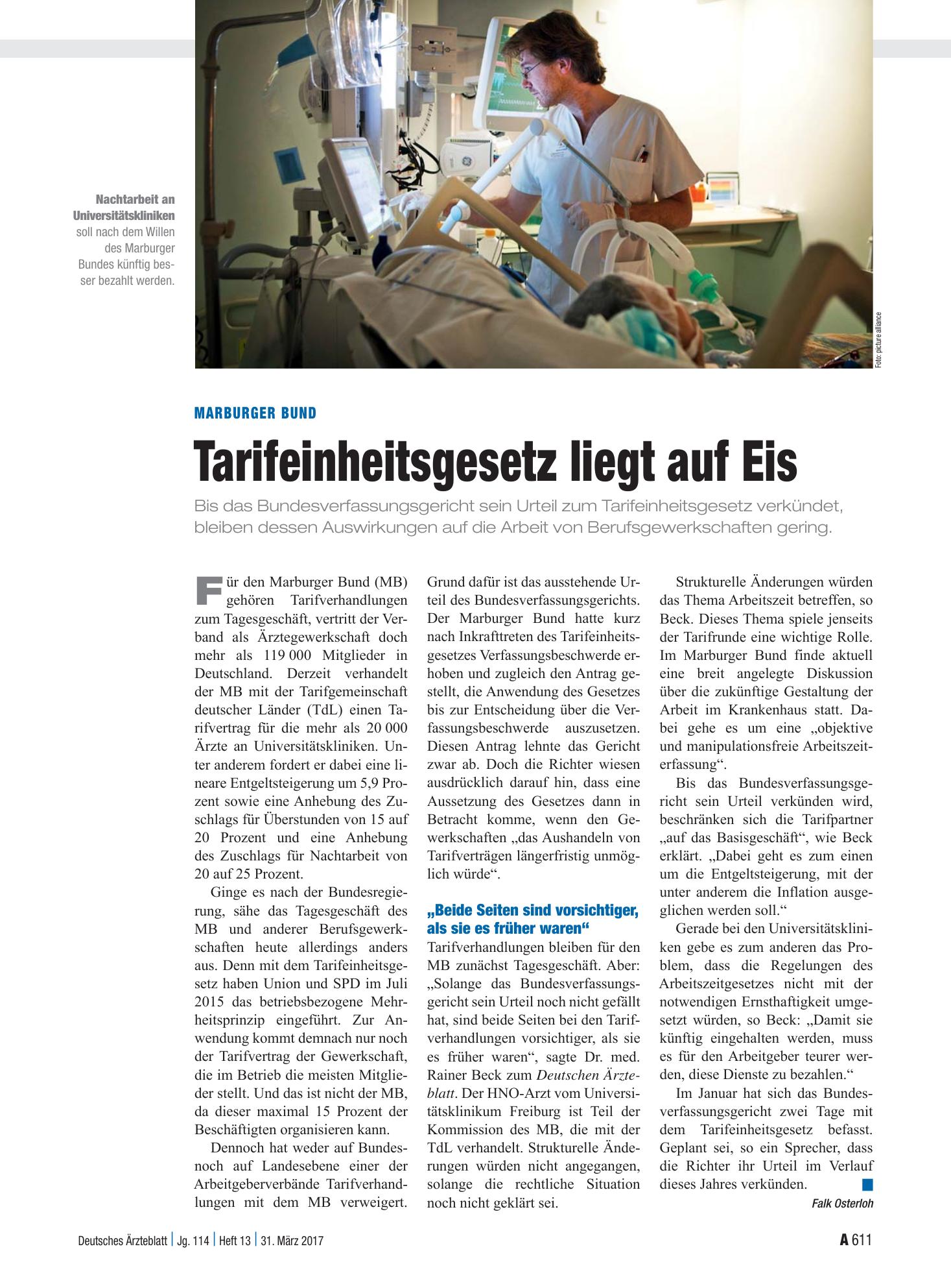 Vorschauseite 1: Marburger Bund: Tarifeinheitsgesetz liegt auf Eis – Deutsches Ärzteblatt