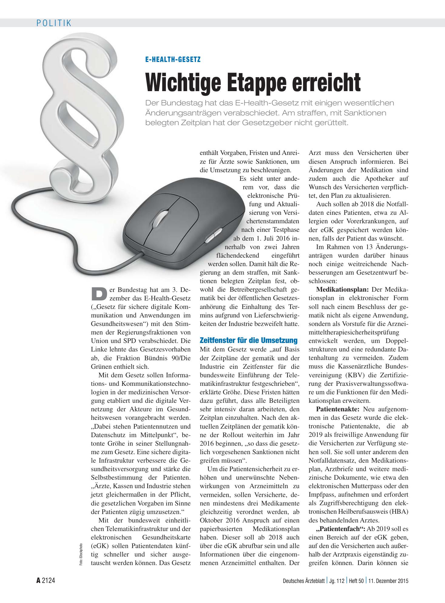 Vorschauseite 1: E-Health-Gesetz: Wichtige Etappe erreicht – Deutsches Ärzteblatt