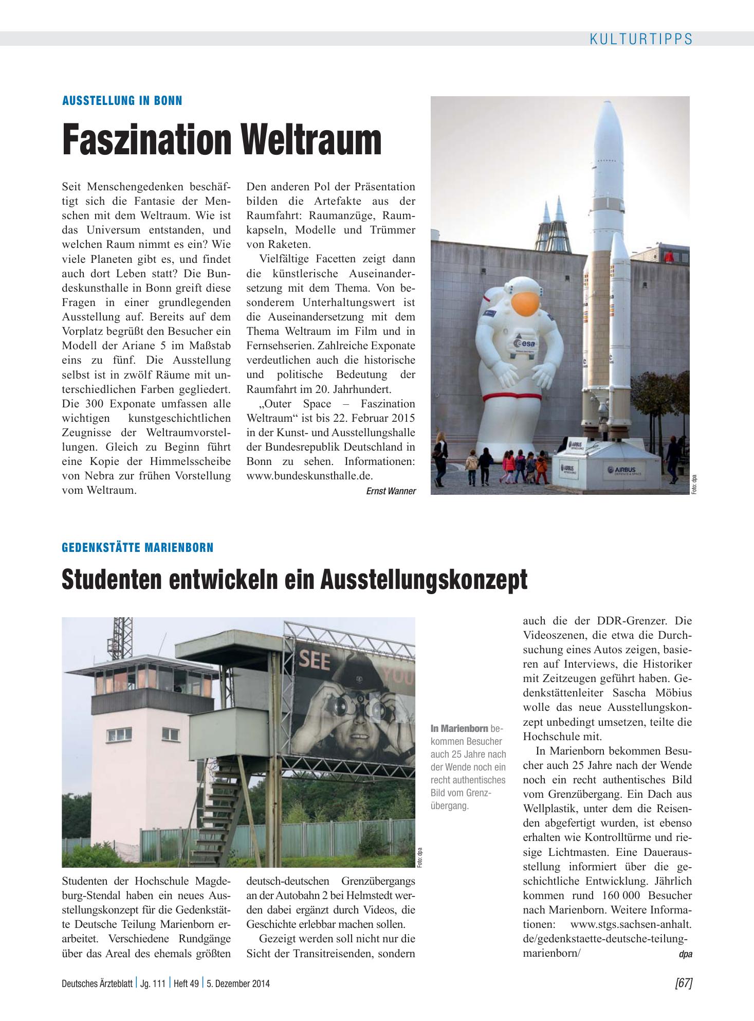 Vorschauseite 1: Ausstellung in Bonn: Faszination Weltraum – Deutsches Ärzteblatt