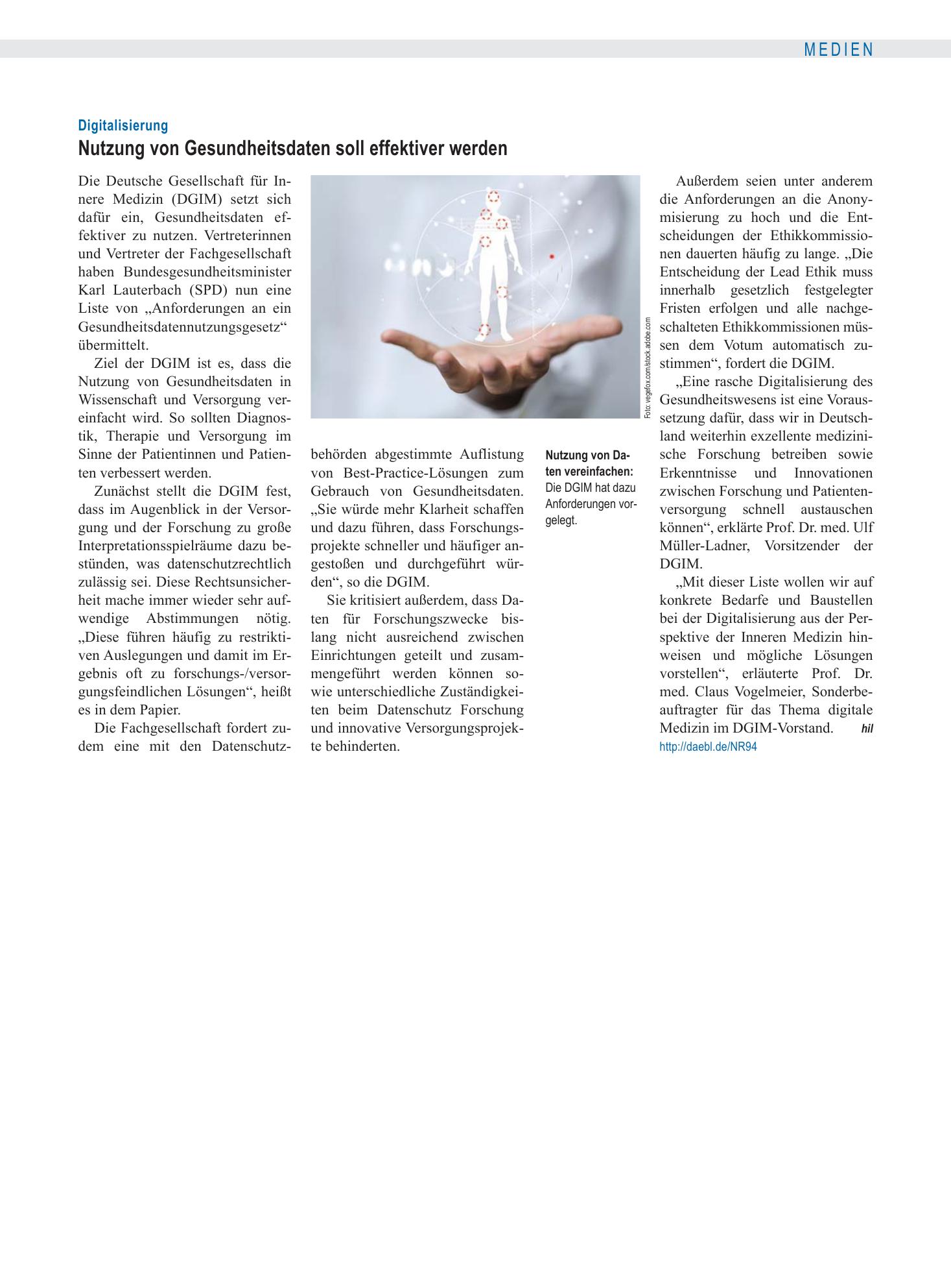 Vorschauseite 1: Digitalisierung: Nutzung von Gesundheitsdaten soll effektiver werden – Deutsches Ärzteblatt