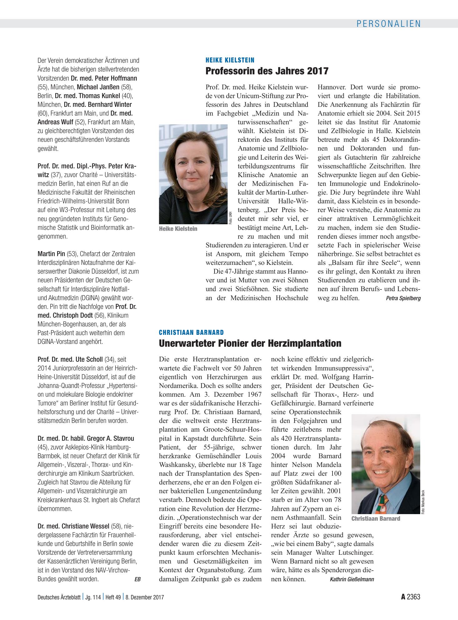 Vorschauseite 1: Heike Kielstein: Professorin des Jahres 2017 – Deutsches Ärzteblatt