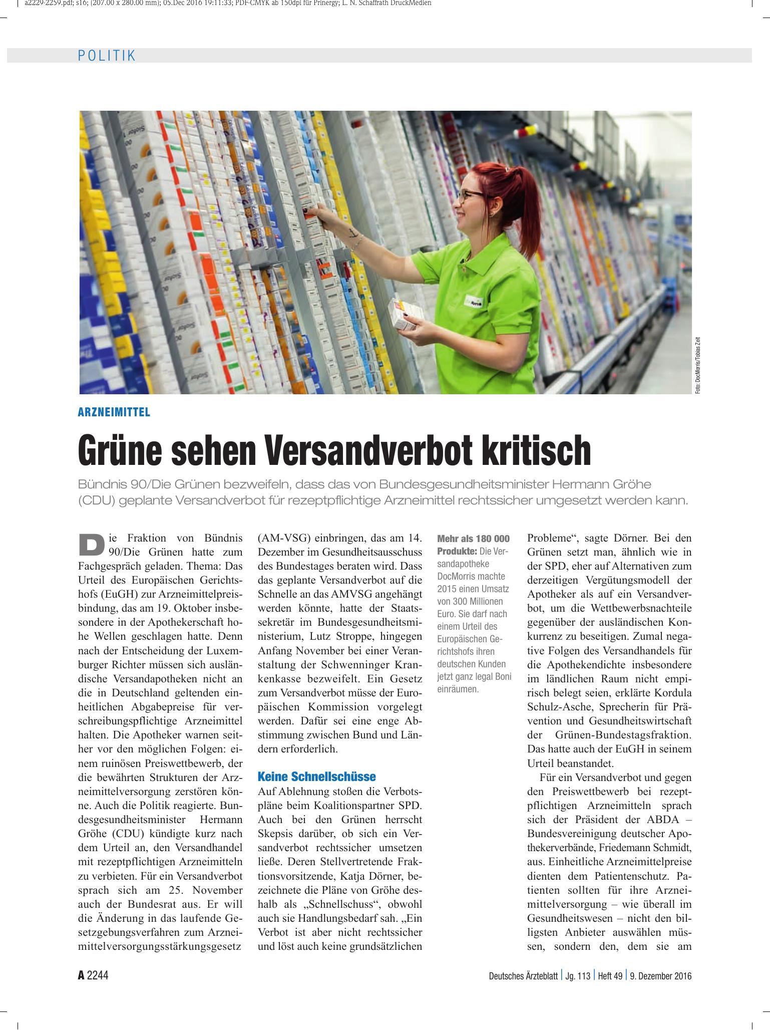 Vorschauseite 1: Arzneimittel: Grüne sehen Versandverbot kritisch – Deutsches Ärzteblatt