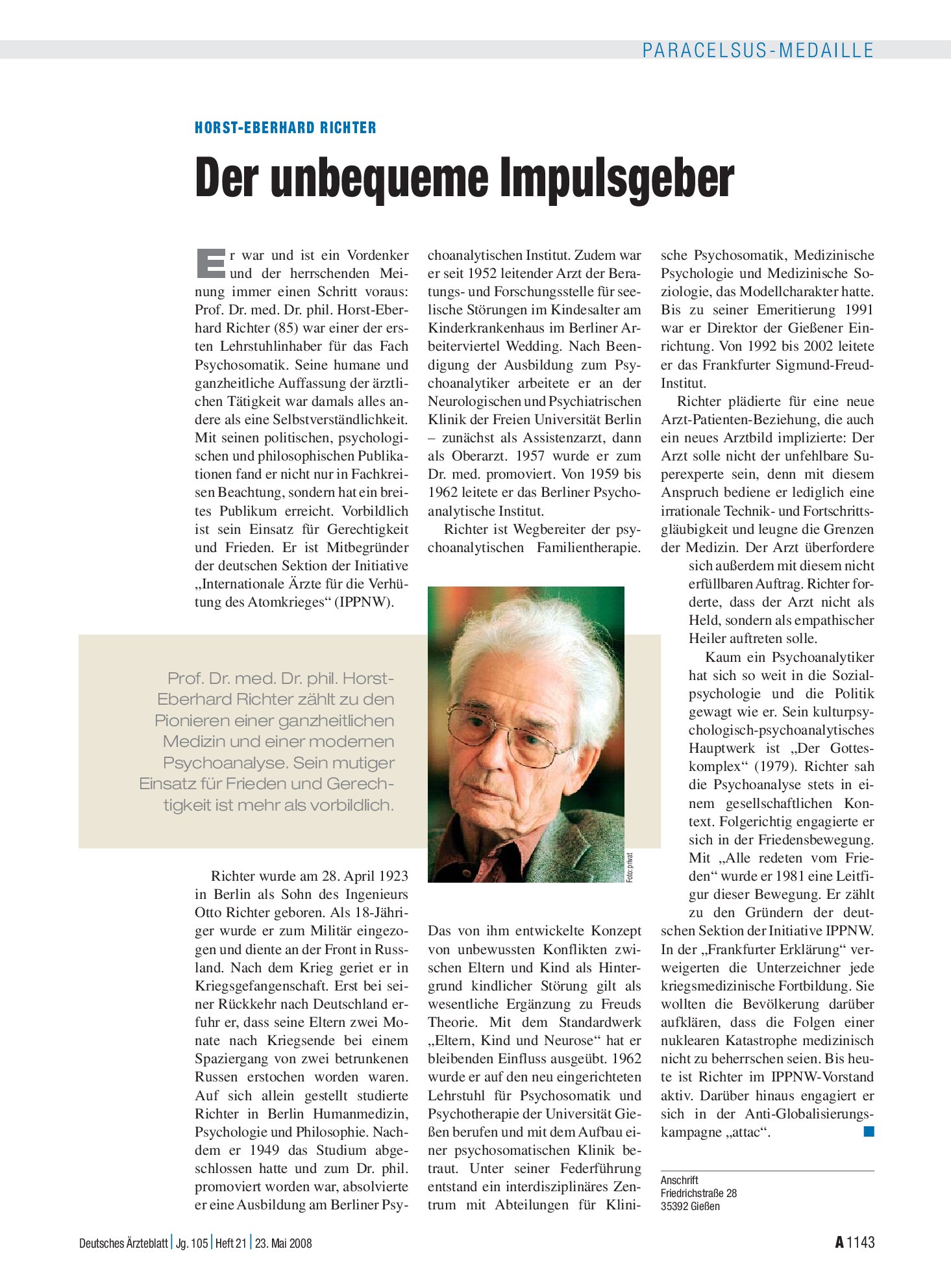 Vorschauseite 1: Horst-Eberhard Richter: Der unbequeme Impulsgeber – Deutsches Ärzteblatt