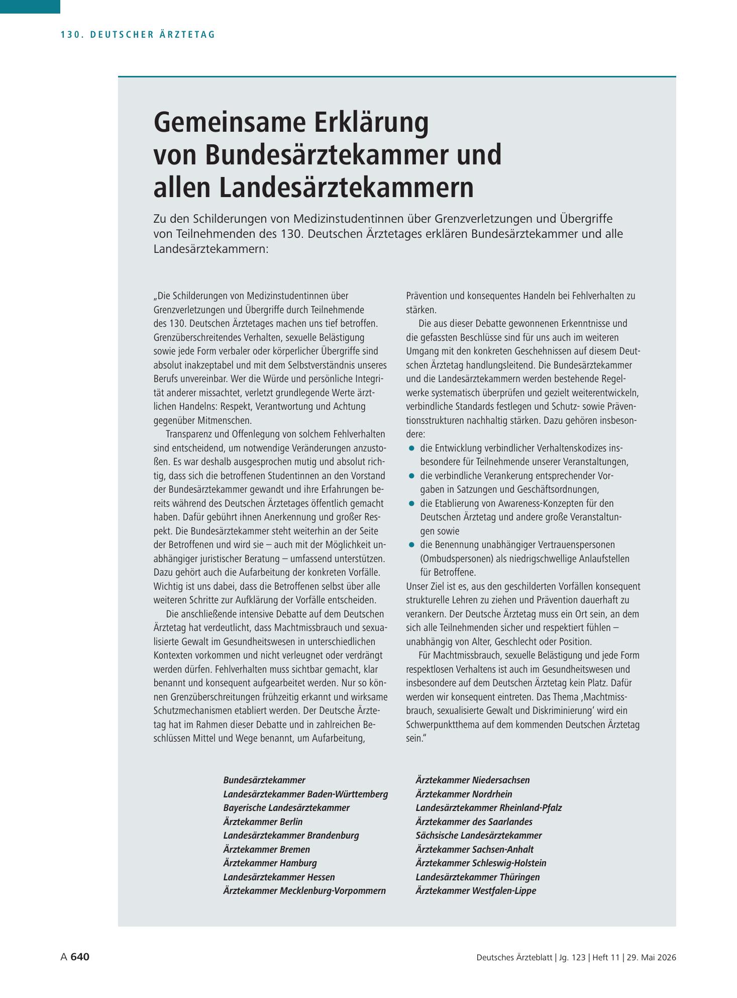 Vorschauseite 1: Gemeinsame Erklärung von Bundesärztekammer und allen Landesärztekammern – Deutsches Ärzteblatt