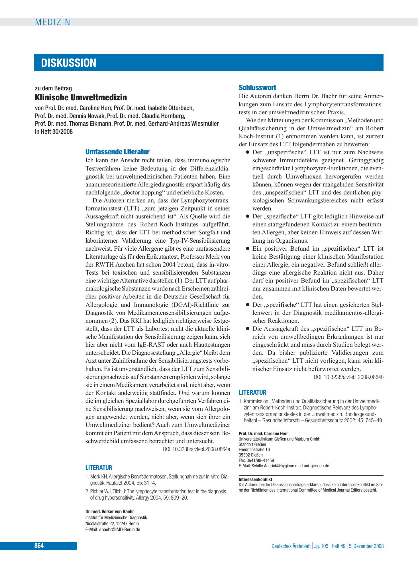 Vorschauseite 1: Klinische Umweltmedizin: Schlusswort – Deutsches Ärzteblatt