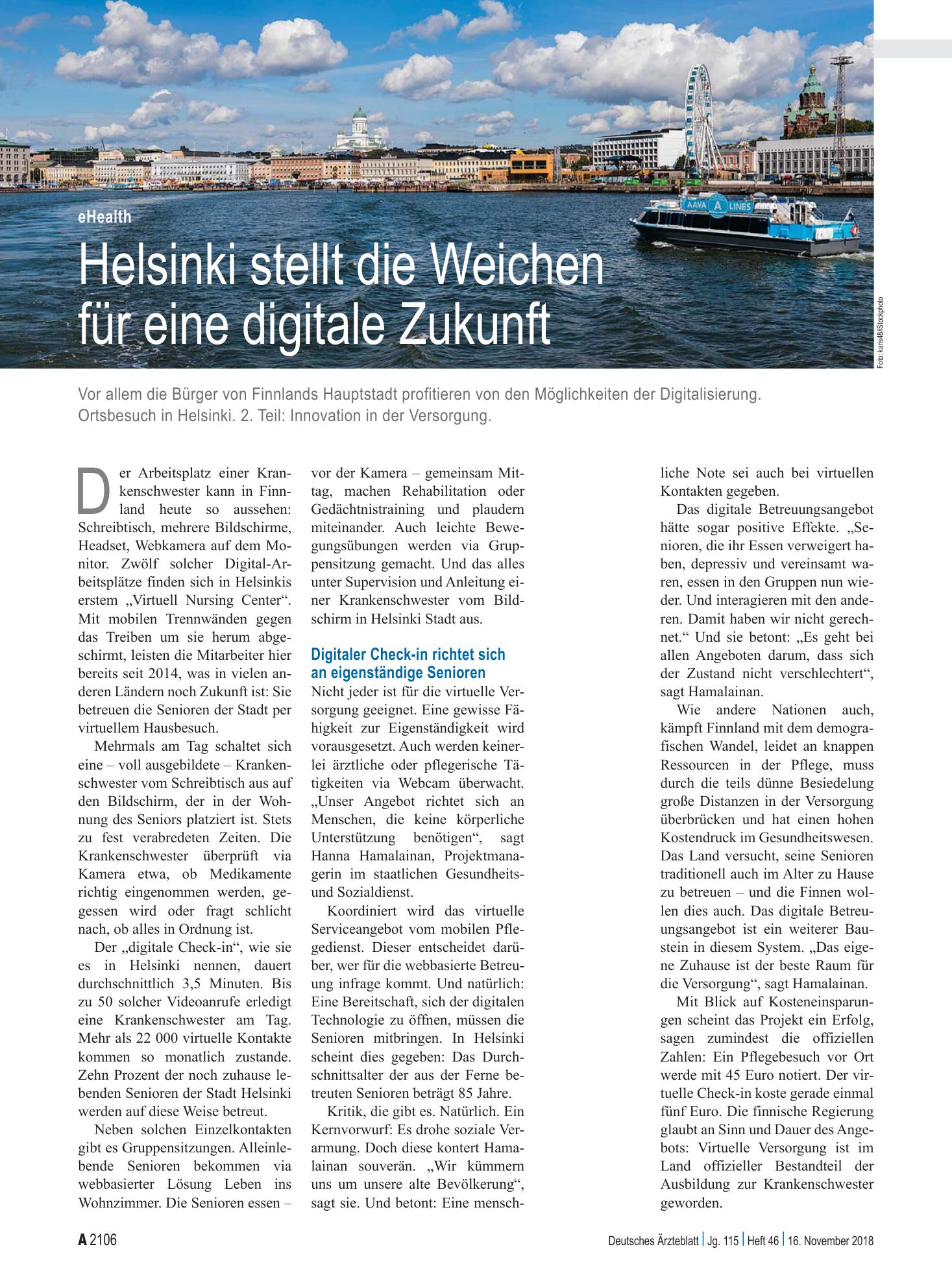 Vorschauseite 1: eHealth: Helsinki stellt die Weichen für eine digitale Zukunft – Deutsches Ärzteblatt