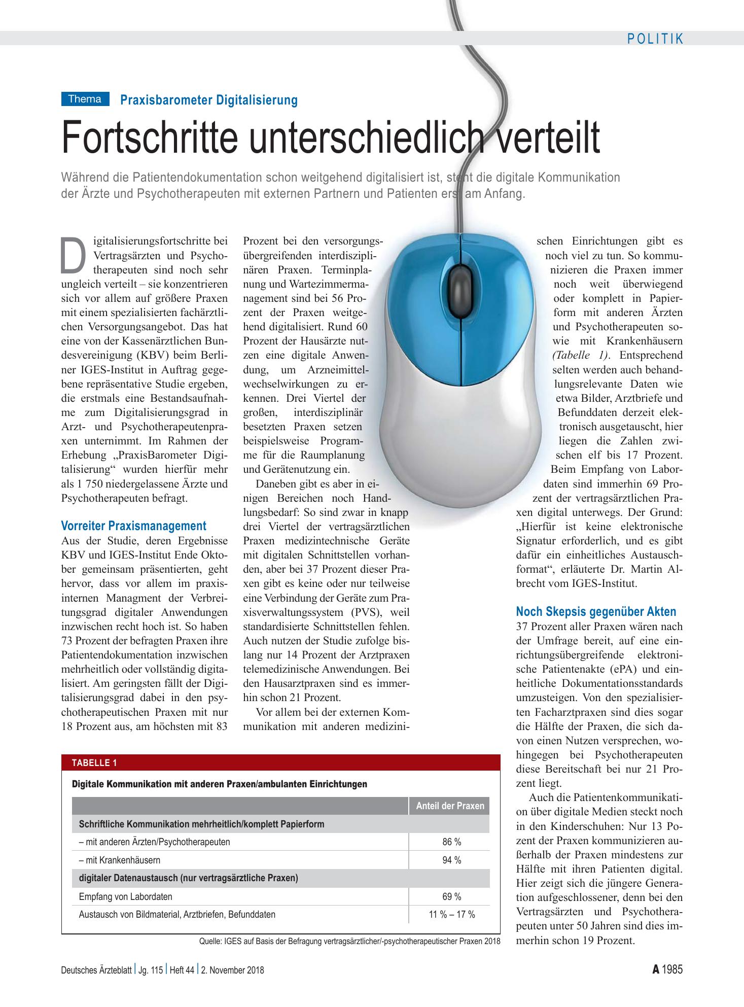 Vorschauseite 1: Praxisbarometer Digitalisierung: Fortschritte unterschiedlich verteilt – Deutsches Ärzteblatt