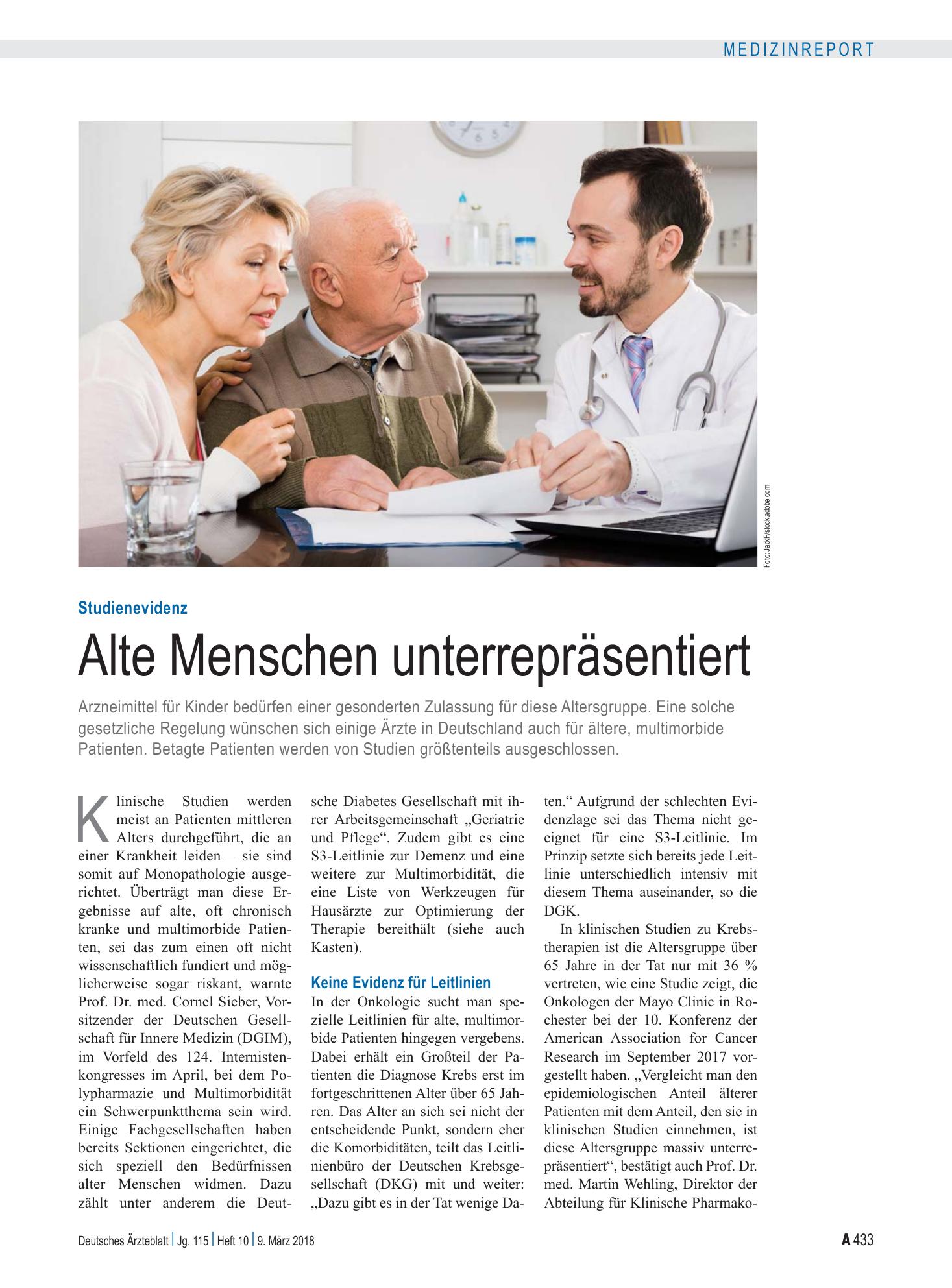 Vorschauseite 1: Studienevidenz: Alte Menschen unterrepräsentiert – Deutsches Ärzteblatt