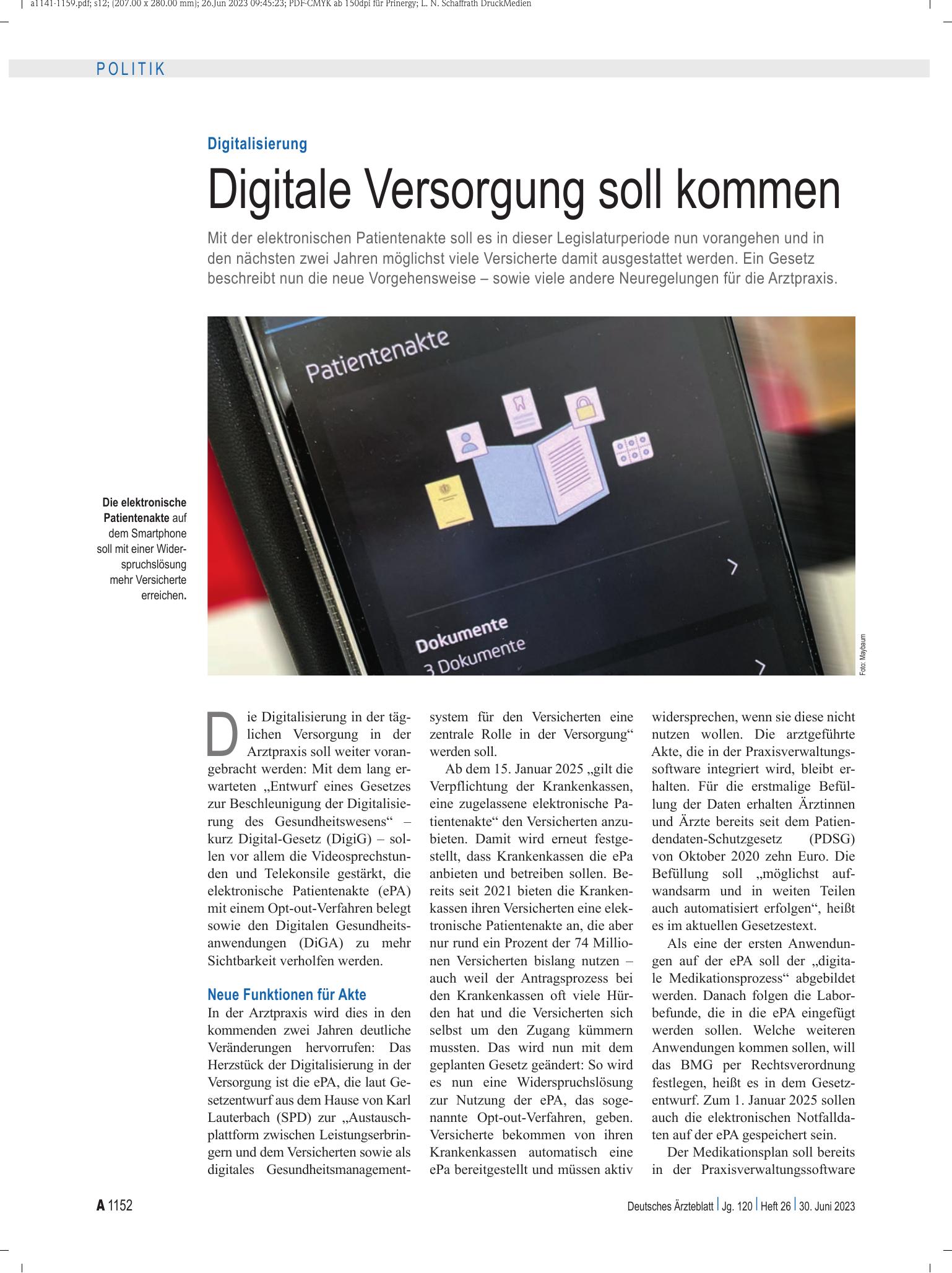 Vorschauseite 1: Digitalisierung: Digitale Versorgung soll kommen – Deutsches Ärzteblatt