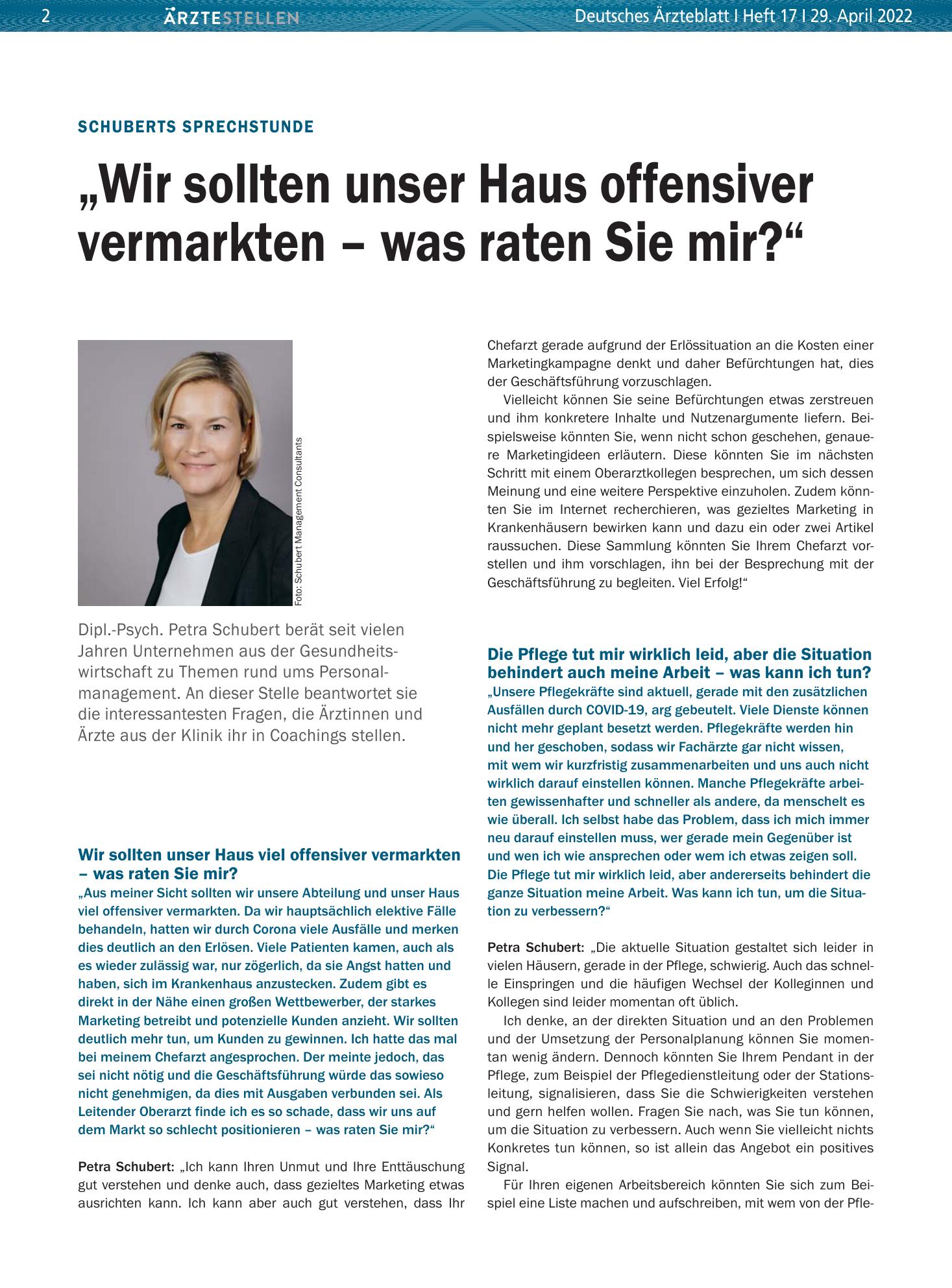 Vorschauseite 1: Schuberts Sprechstunde: „Wir sollten unser Haus offensiver vermarkten – was raten Sie mir?“ – Deutsches Ärzteblatt