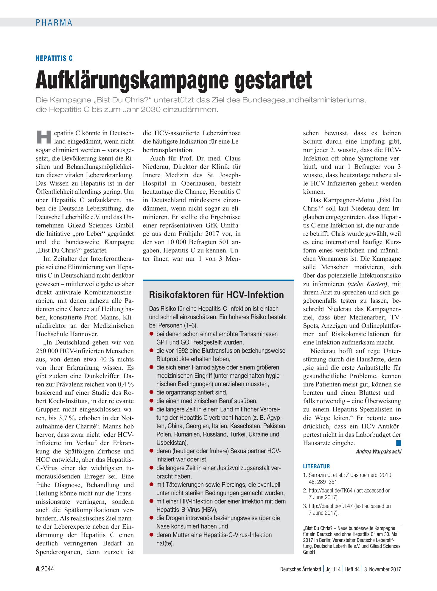 Vorschauseite 1: Hepatitis C: Aufklärungskampagne gestartet – Deutsches Ärzteblatt