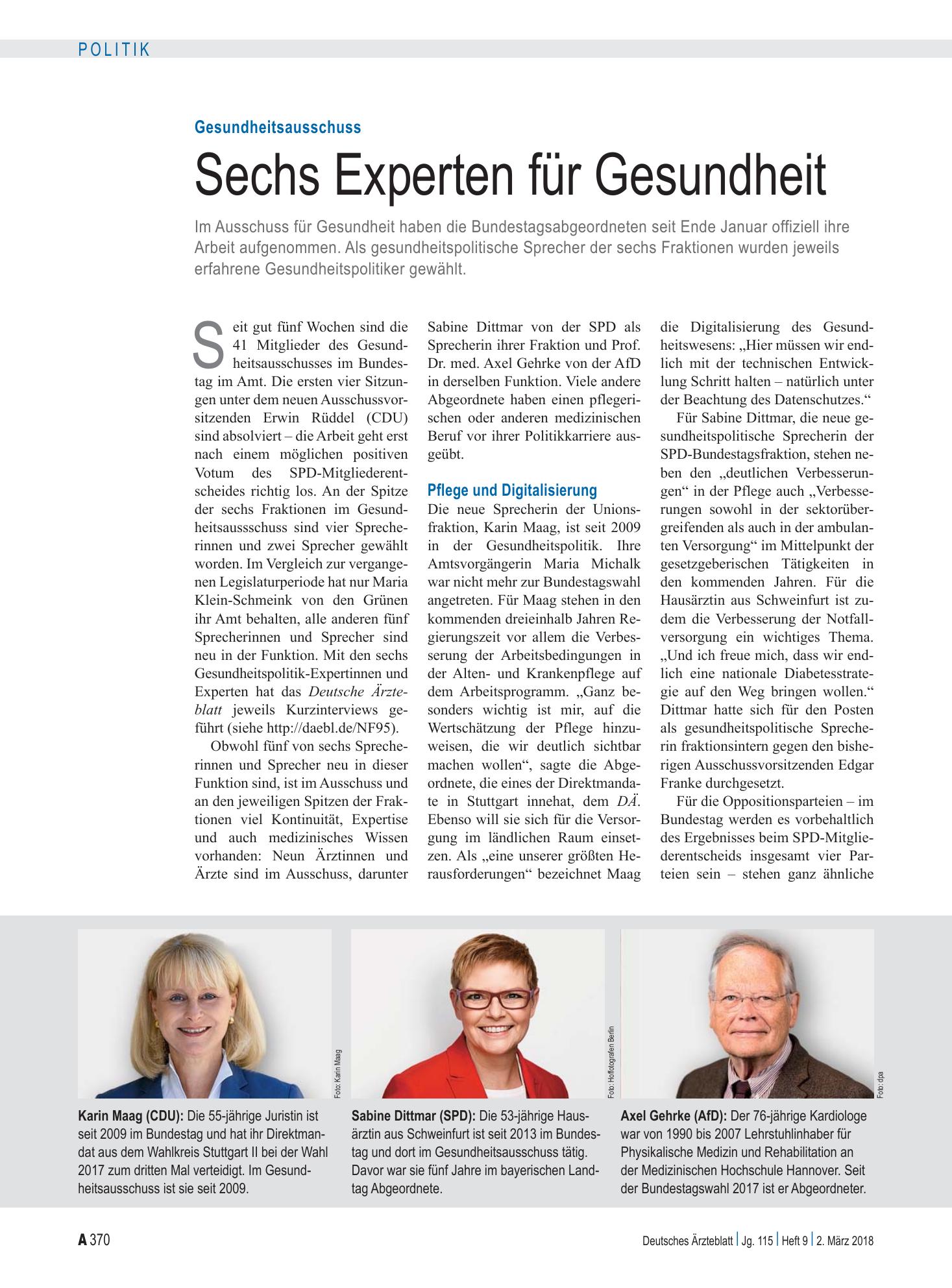 Vorschauseite 1: Gesundheitsausschuss: Sechs Experten für Gesundheit – Deutsches Ärzteblatt