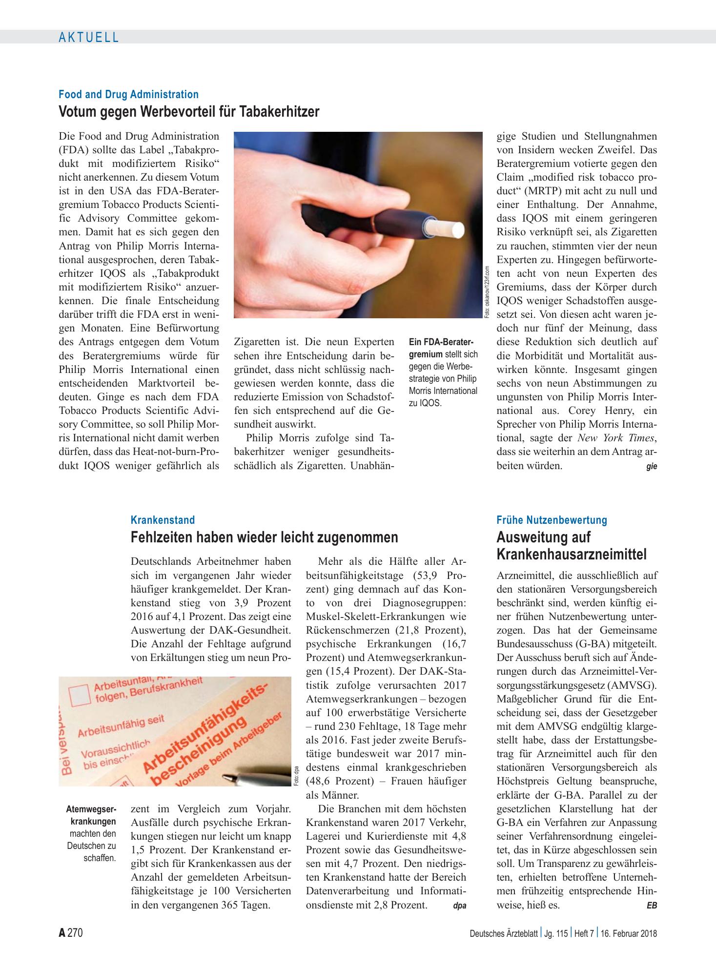 Vorschauseite 1: Food and Drug Administration: Votum gegen Werbevorteil für Tabakerhitzer – Deutsches Ärzteblatt