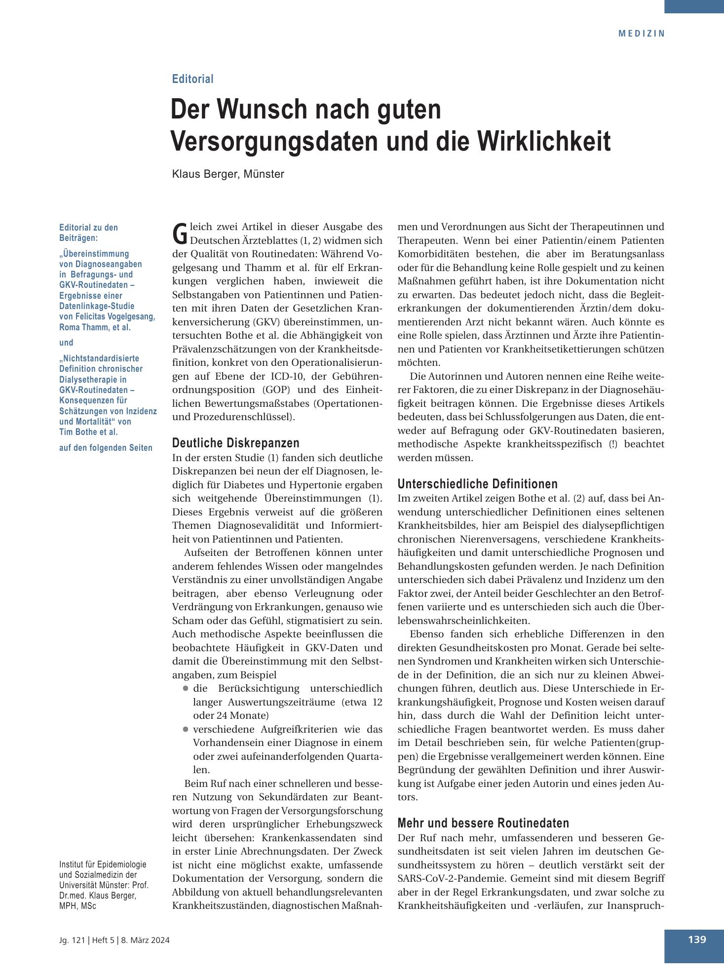 Vorschauseite 1: Nichtstandardisierte Definition chronischer Dialysetherapie in GKV-Routinedaten – Deutsches Ärzteblatt