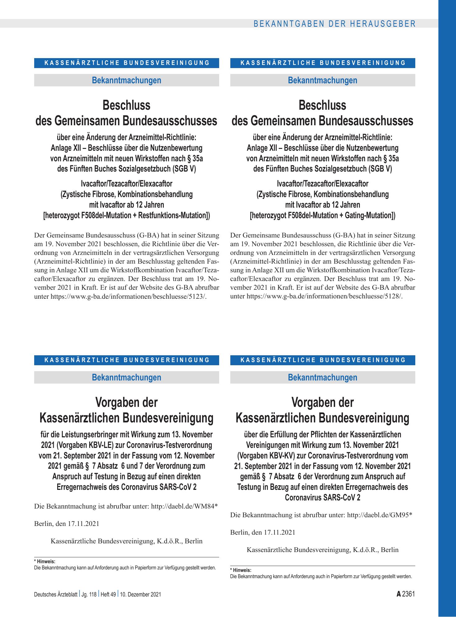 Vorschauseite 1: Beschluss des Gemeinsamen Bundesausschusses über eine Änderung der Arzneimittel-Richtlinie: Ivacaftor/Tezacaftor/Elexacaftor (Zystische Fibrose, Kombinationsbehandlung mit Ivacaft…