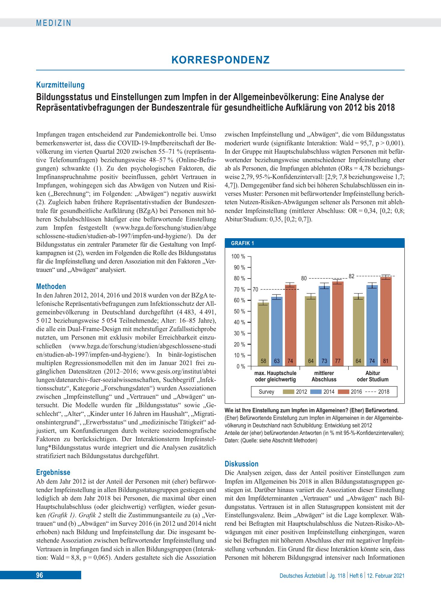 Vorschauseite 1: Bildungsstatus und Einstellungen zum Impfen in der Allgemeinbevölkerung: Eine Analyse der Repräsentativbefragungen der Bundeszentrale für gesundheitliche Aufklärung von 2012 bis 2…