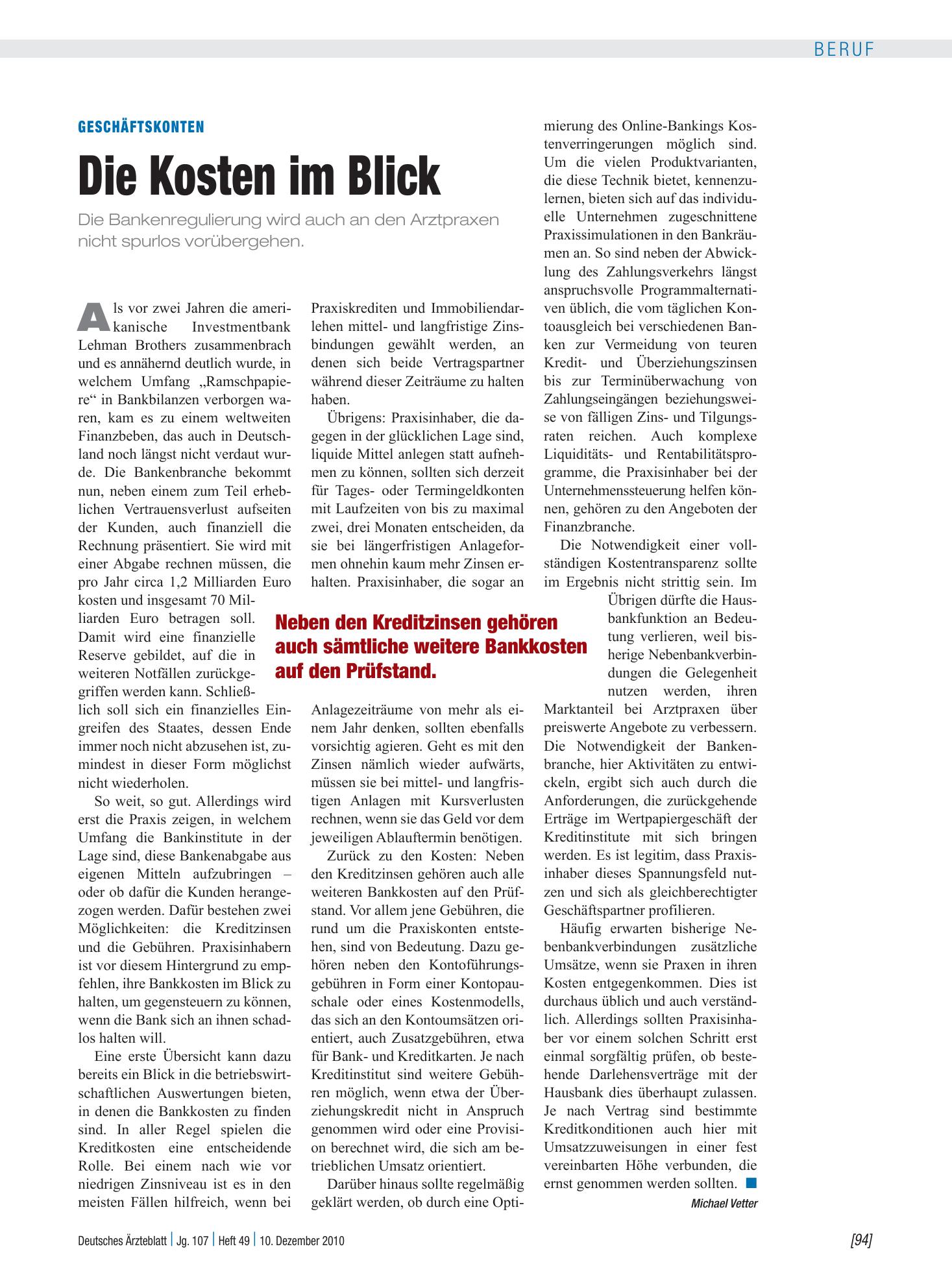 Vorschauseite 1: Geschäftskonten: Die Kosten im Blick – Deutsches Ärzteblatt