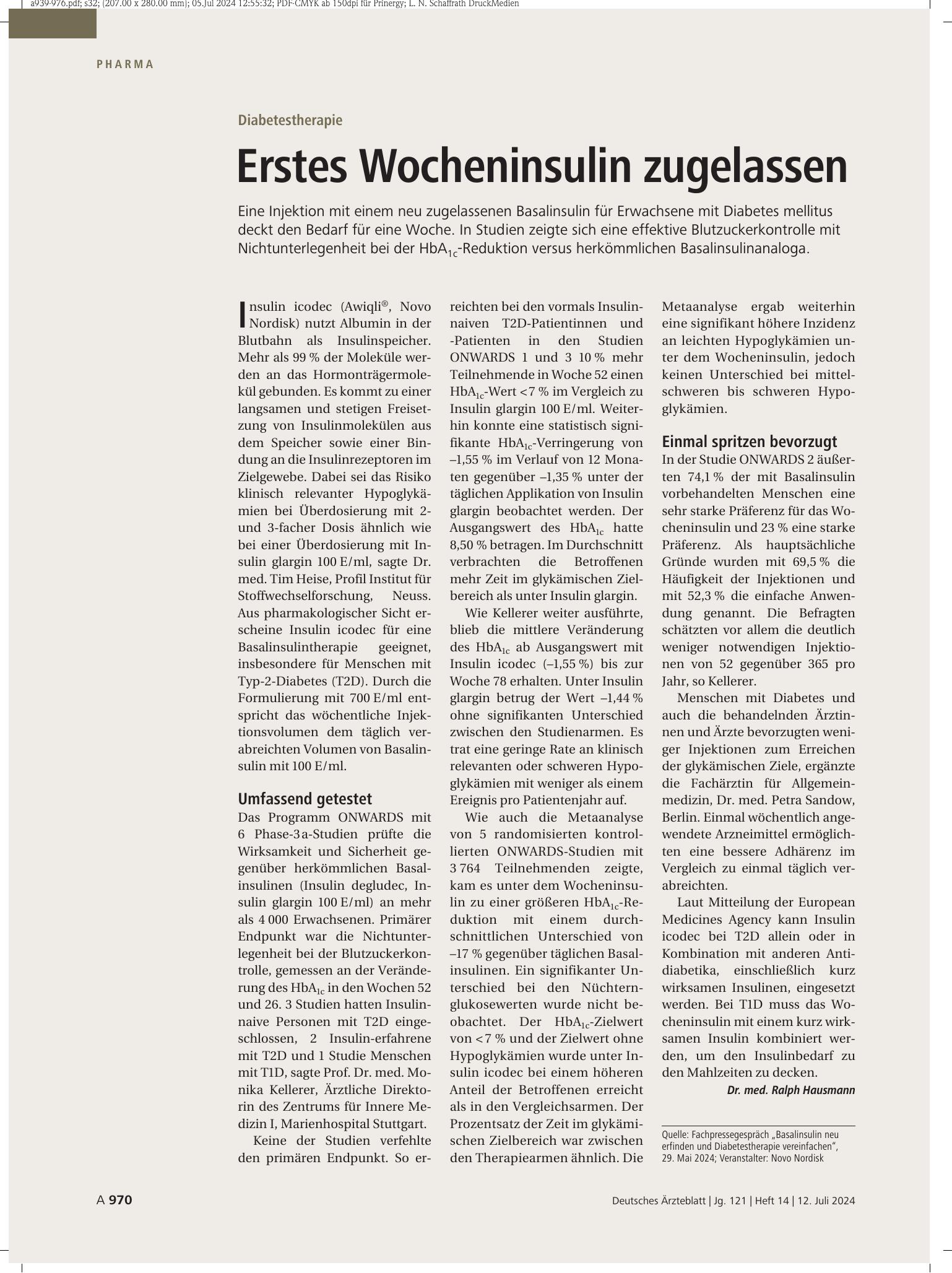Vorschauseite 1: Diabetestherapie: Erstes Wocheninsulin zugelassen – Deutsches Ärzteblatt