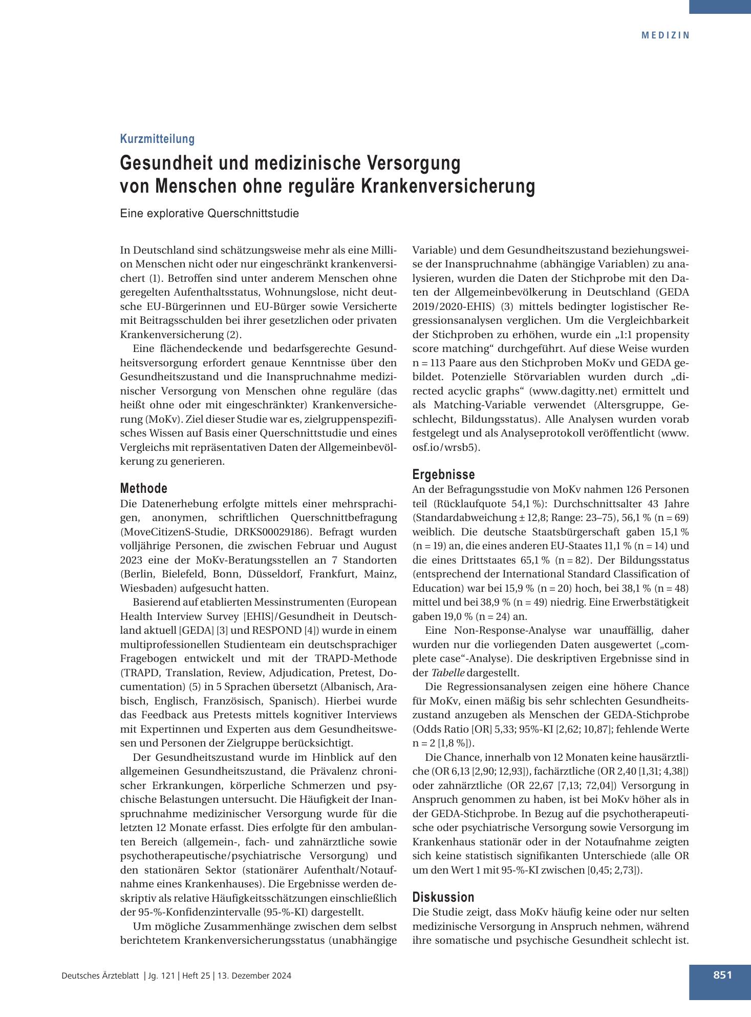 Vorschauseite 1: Gesundheit und medizinische Versorgung von Menschen ohne reguläre Krankenversicherung – Deutsches Ärzteblatt