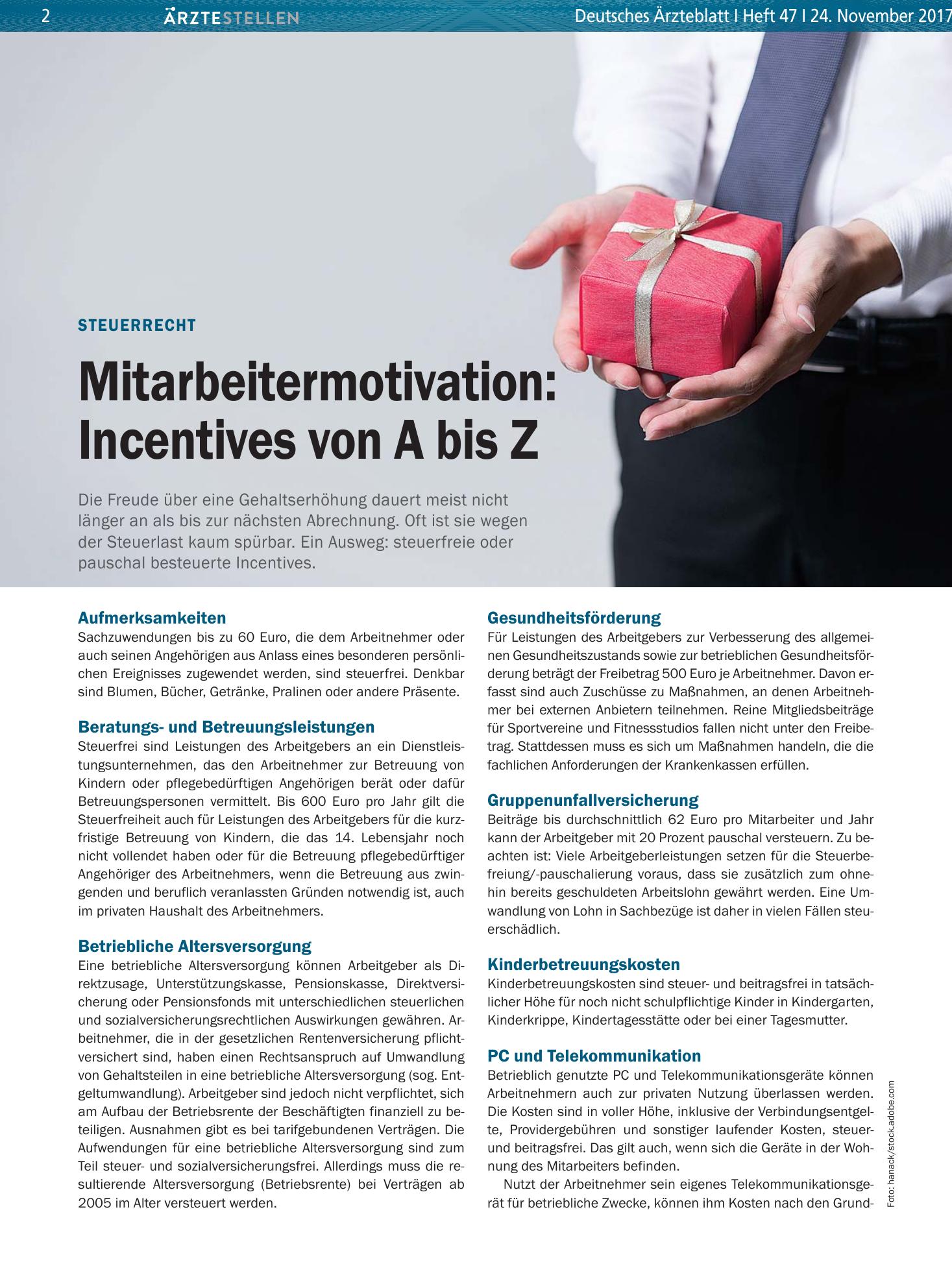 Vorschauseite 1: Steuerrecht: Mitarbeitermotivation – Incentives von A bis Z – Deutsches Ärzteblatt