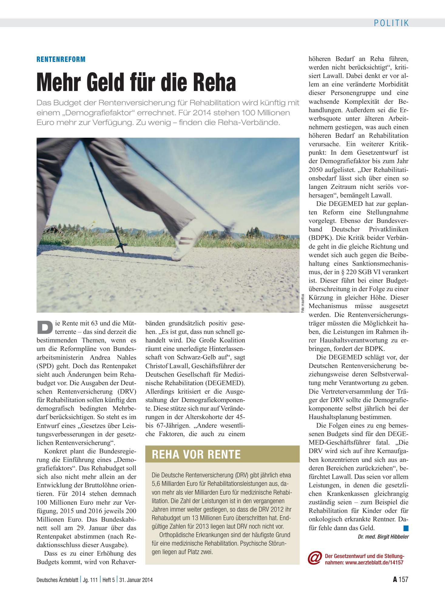 Vorschauseite 1: Rentenreform: Mehr Geld für die Reha – Deutsches Ärzteblatt