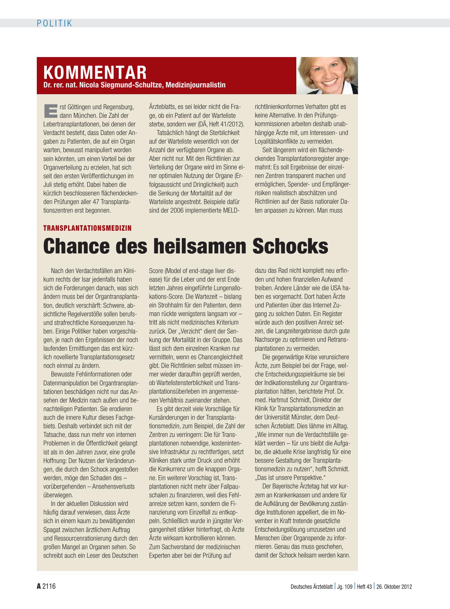 Vorschauseite 1: Transplantationsmedizin: Chance des heilsamen Schocks – Deutsches Ärzteblatt