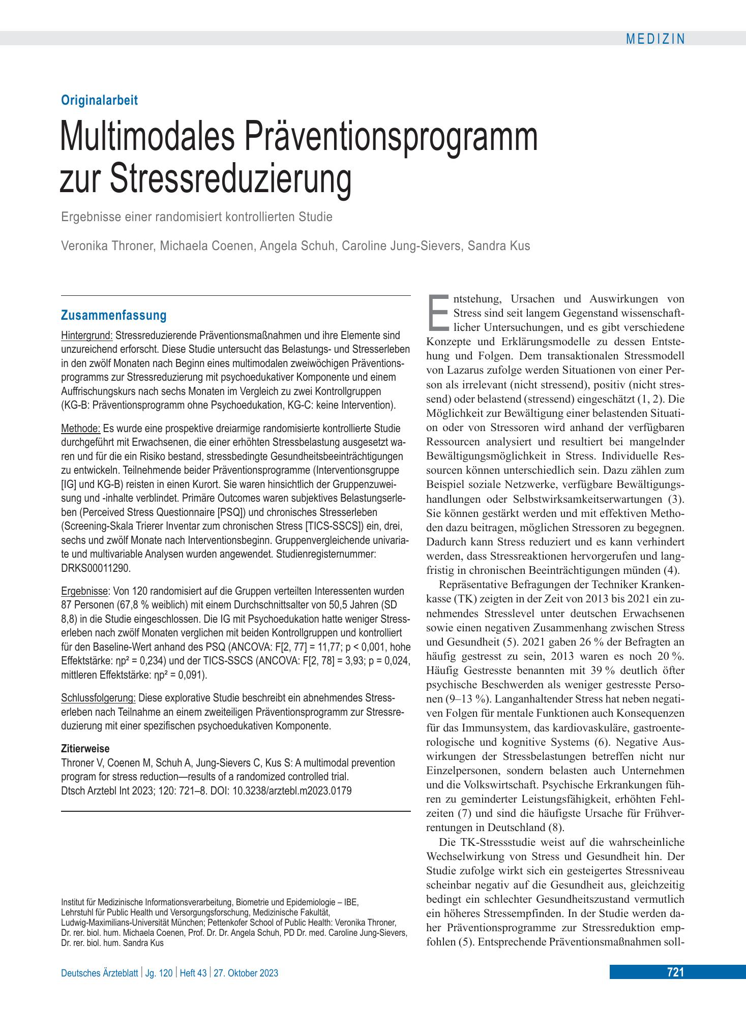 Vorschauseite 1: Multimodales Präventionsprogramm zur Stressreduzierung – Deutsches Ärzteblatt