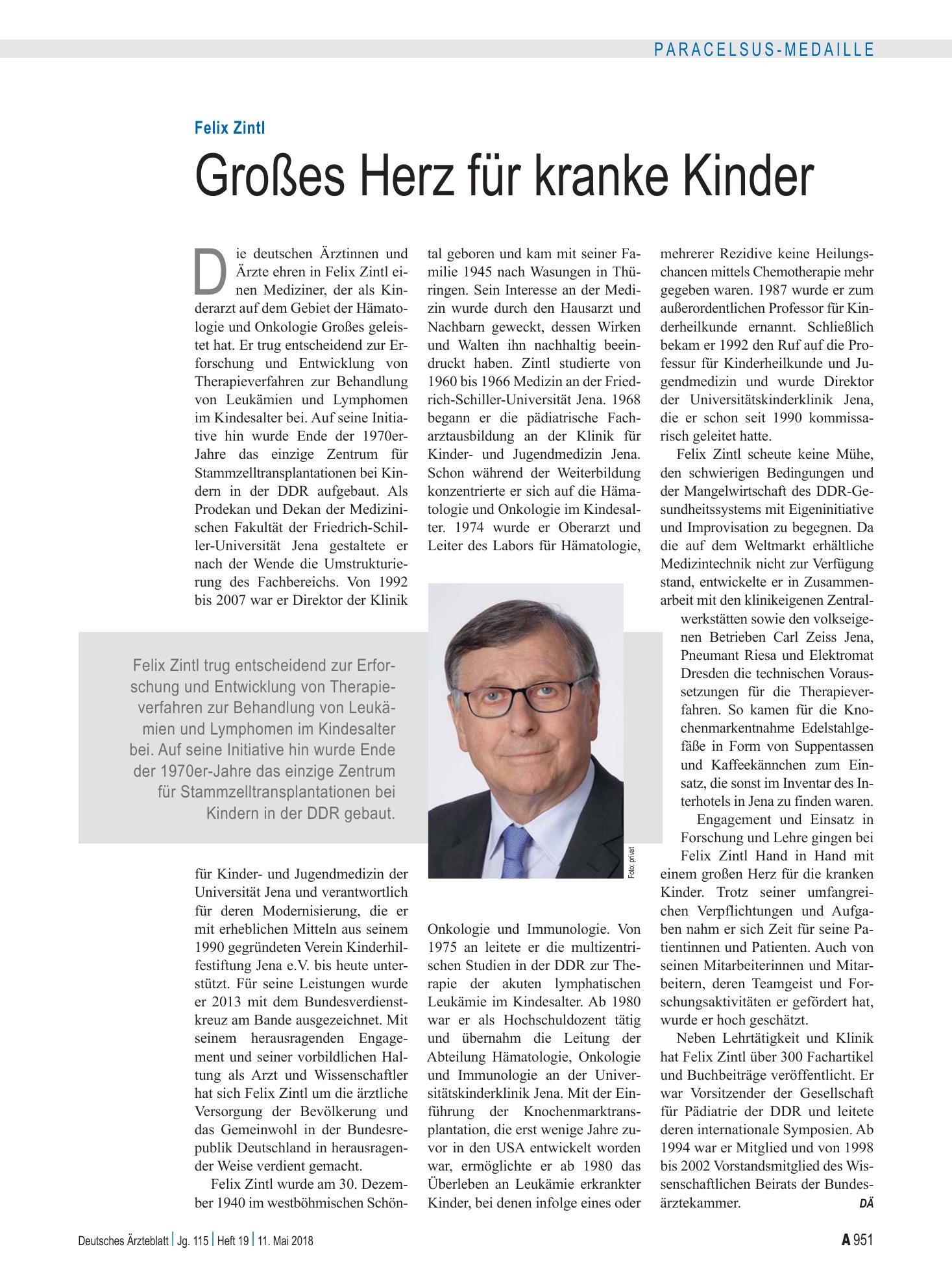 Vorschauseite 1: Felix Zintl: Großes Herz für kranke Kinder – Deutsches Ärzteblatt