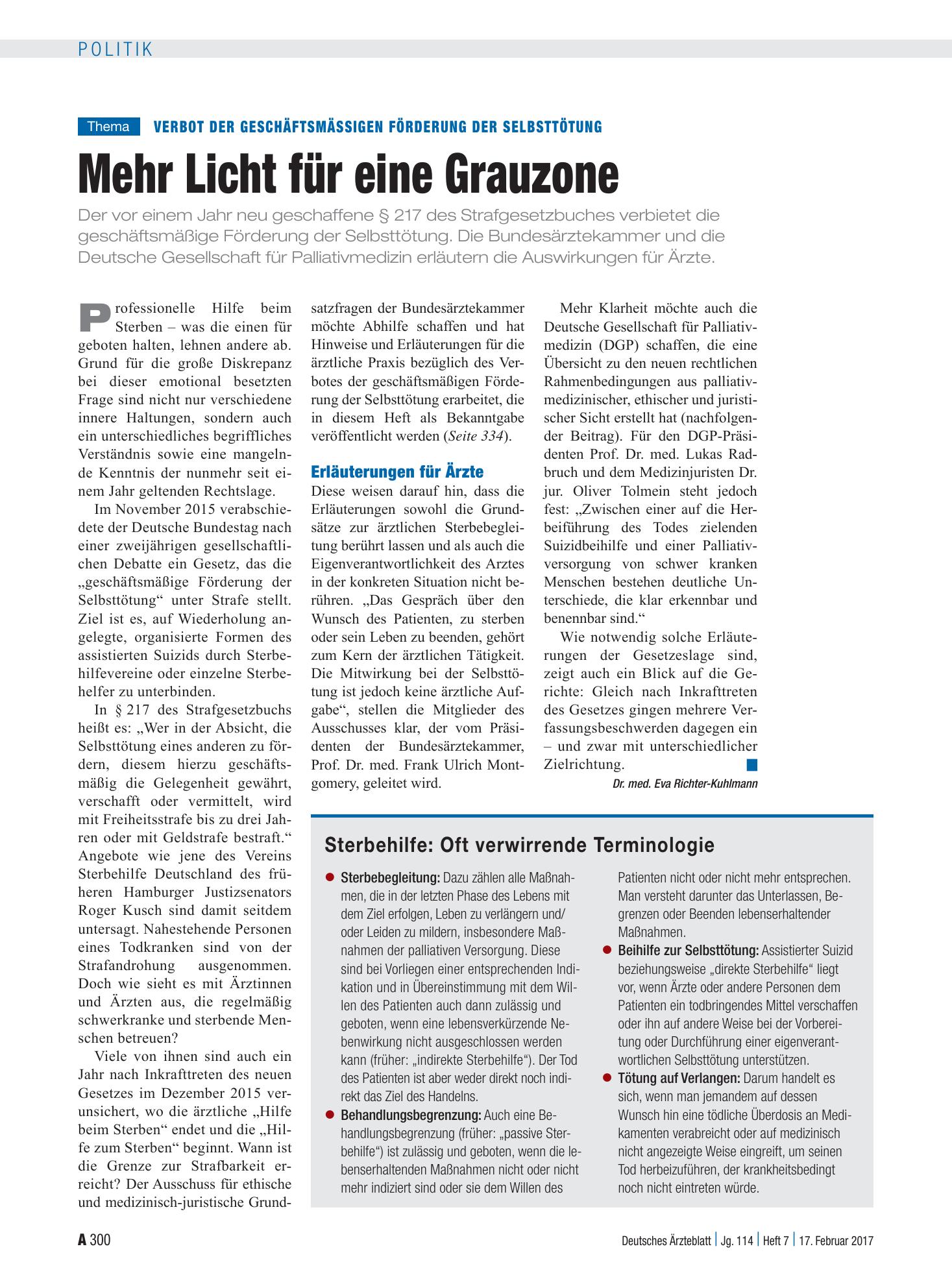 Vorschauseite 1: Verbot der geschäftsmäßigen Förderung der Selbsttötung: Mehr Licht für eine Grauzone – Deutsches Ärzteblatt
