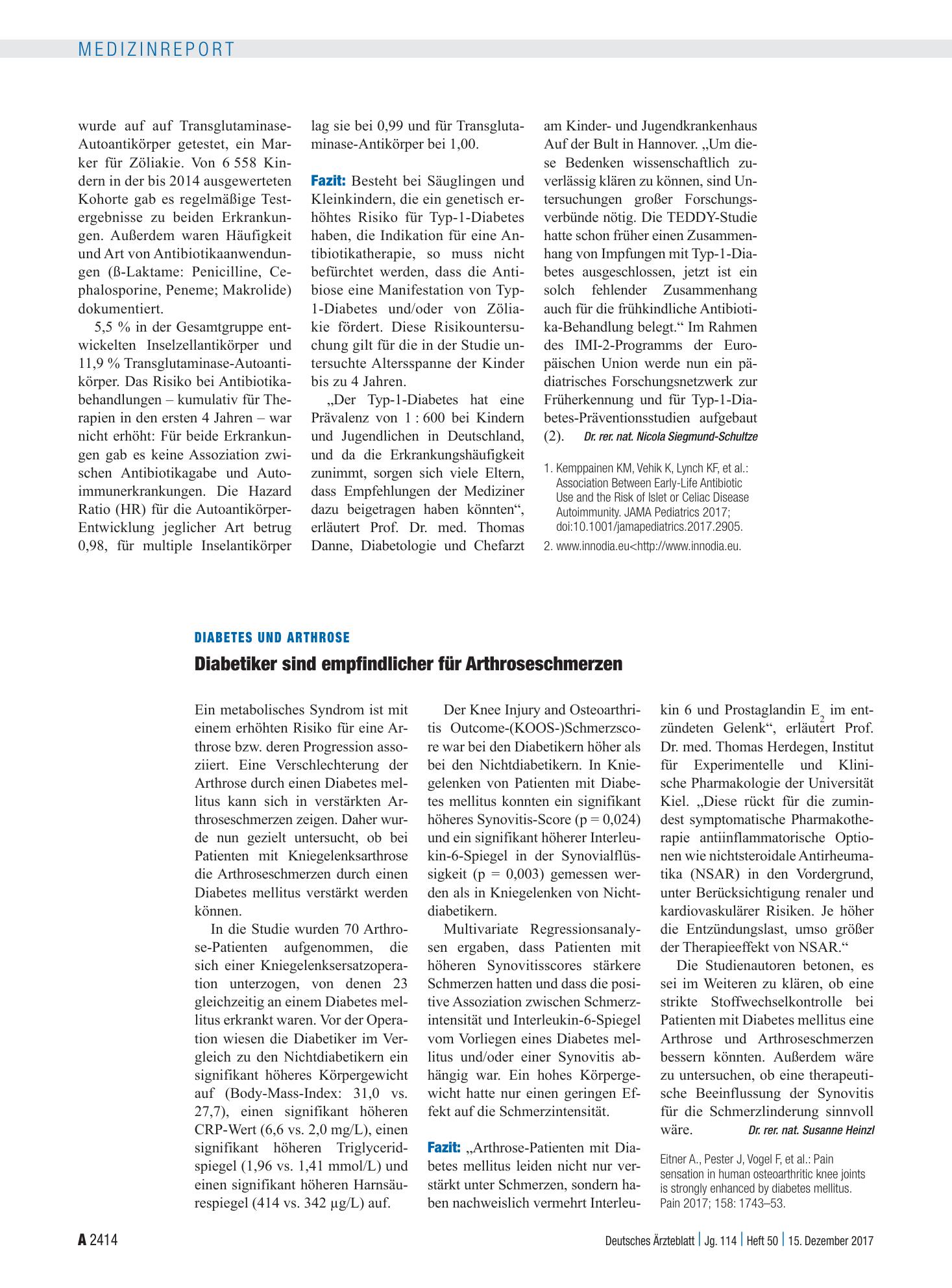 Vorschauseite 1: Diabetes und Arthrose: Diabetiker sind empfindlicher für Arthroseschmerzen – Deutsches Ärzteblatt