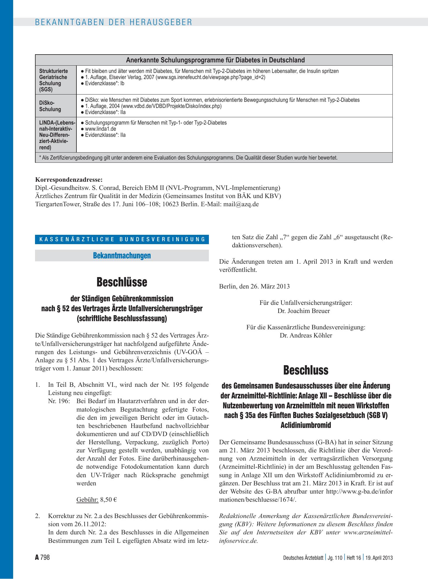 Vorschauseite 1: Beschlüsse der Ständigen Gebührenkommission nach § 52 des Vertrages Ärzte Unfallversicherungsträger (schriftliche Beschlussfassung) – Deutsches Ärzteblatt