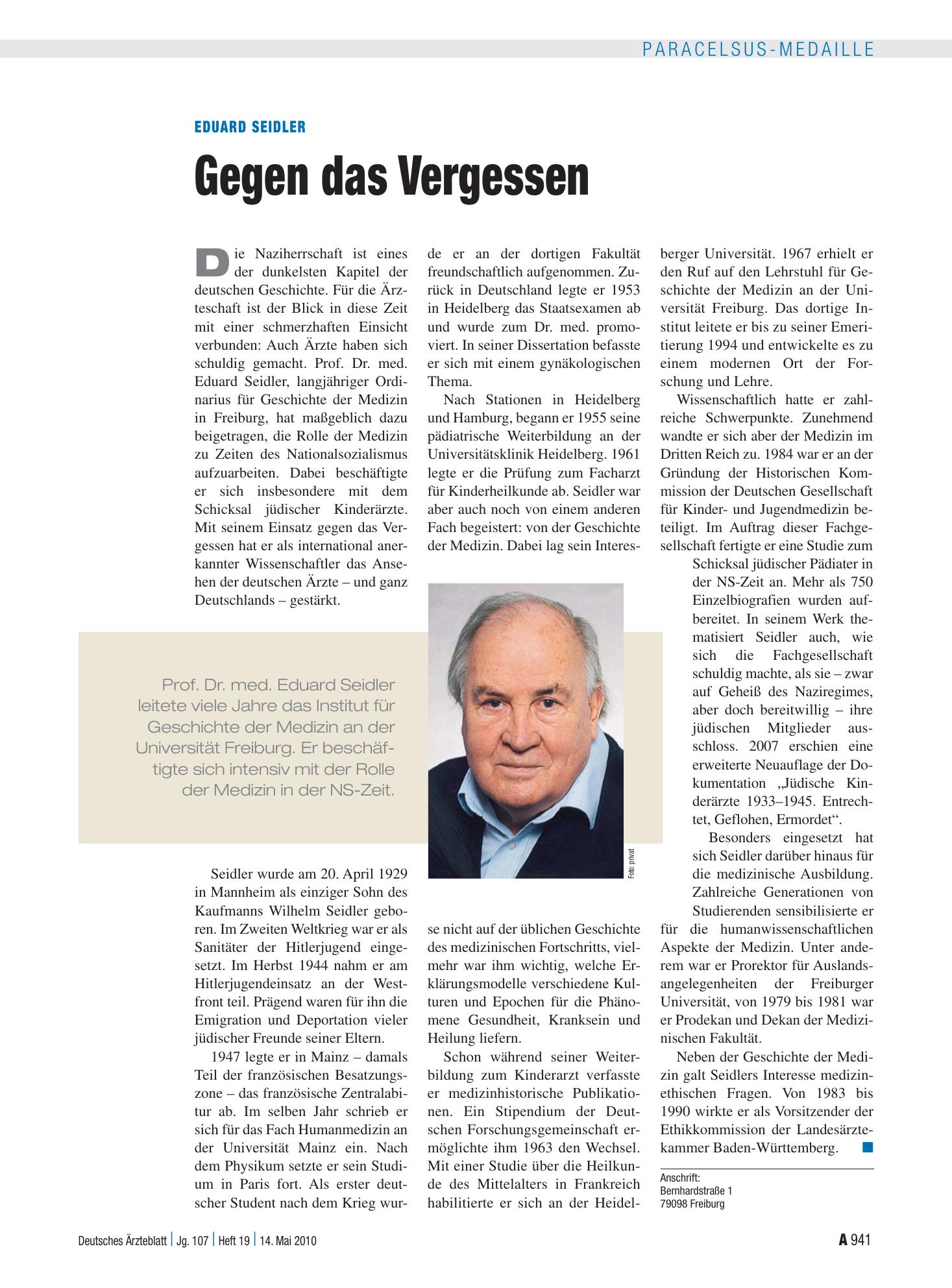 Vorschauseite 1: Eduard Seidler: Gegen das Vergessen – Deutsches Ärzteblatt