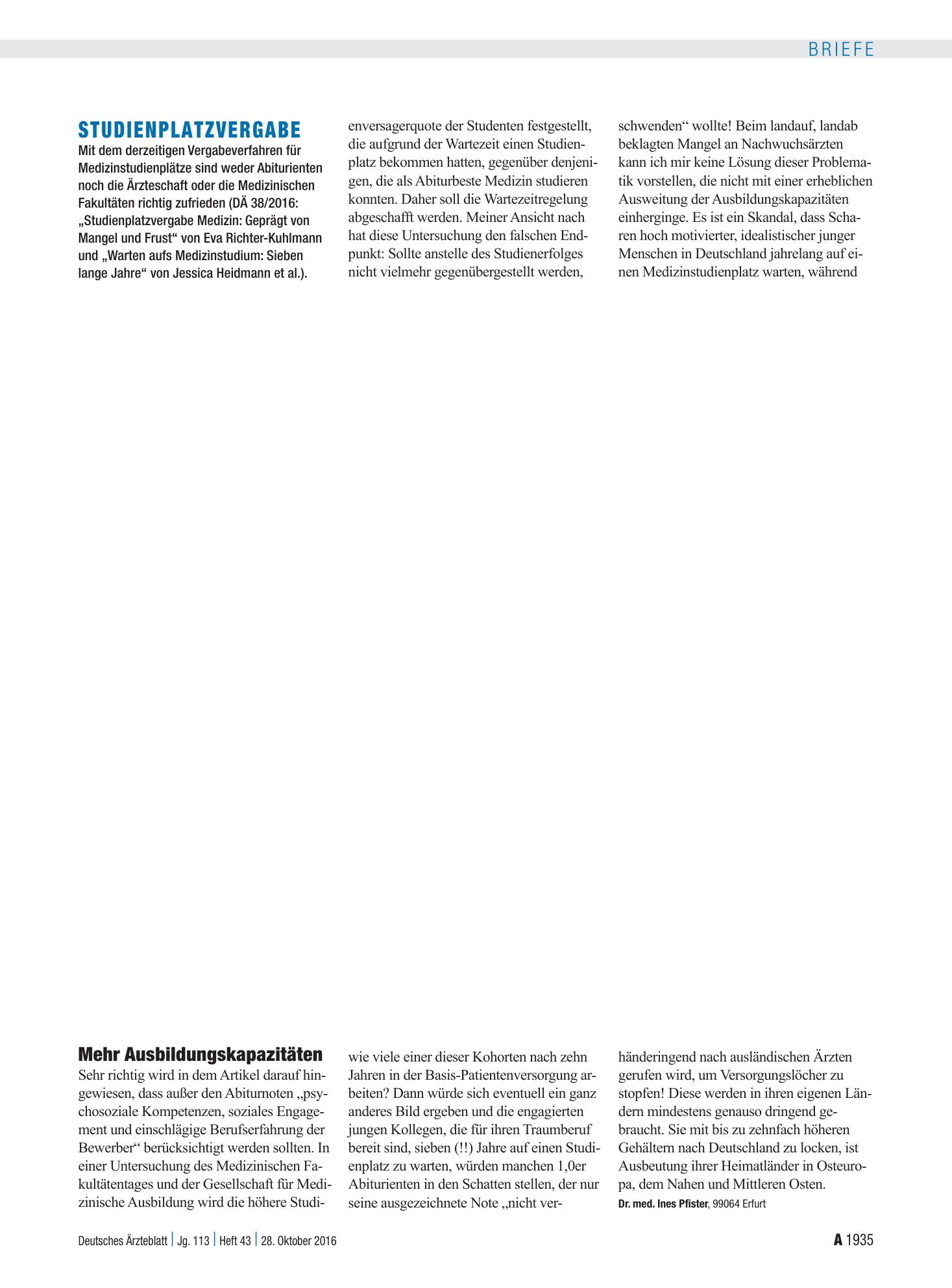 Vorschauseite 1: Studienplatzvergabe: Mehr Ausbildungskapazitäten – Deutsches Ärzteblatt