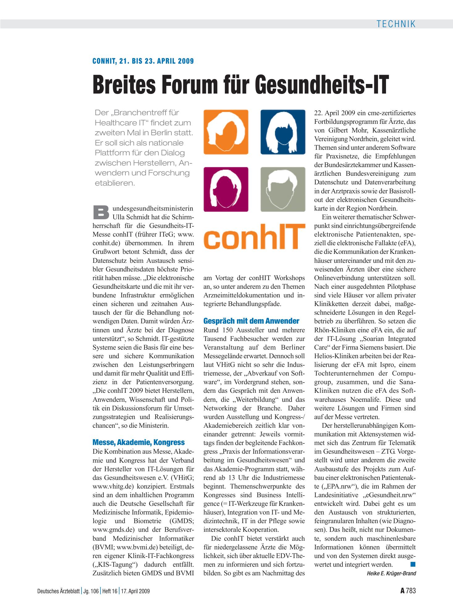 Vorschauseite 1: ConhIT, 21. bis 23. April 2009: Breites Forum für Gesundheits-IT – Deutsches Ärzteblatt