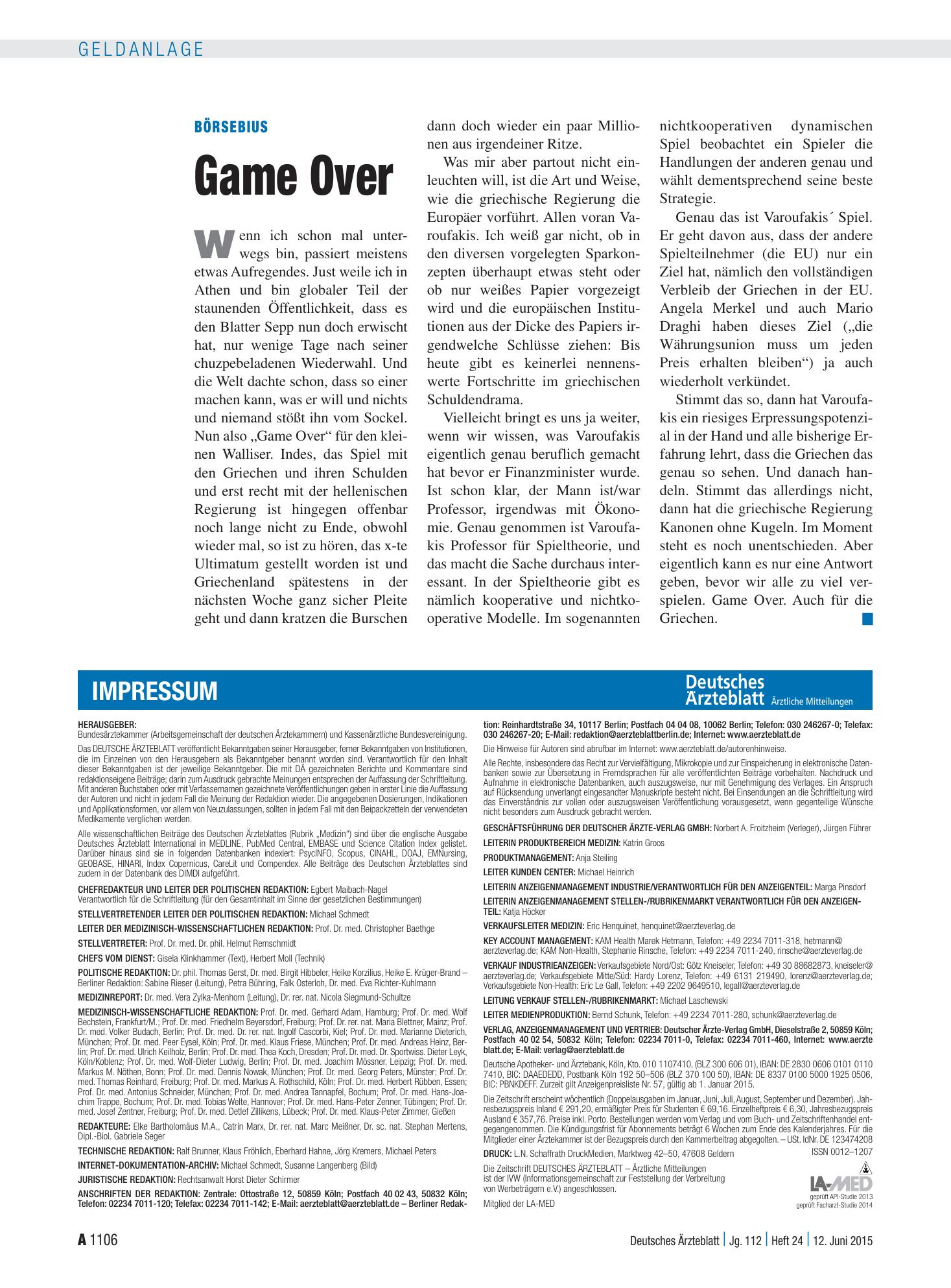 Vorschauseite 1: Börsebius: Game Over – Deutsches Ärzteblatt