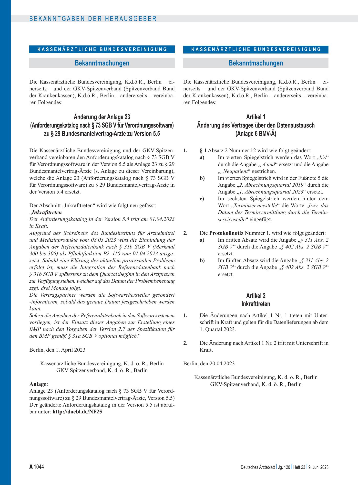 Vorschauseite 1: Änderung des Vertrages über den Datenaustausch (Anlage 6 BMV-Ä) – Deutsches Ärzteblatt