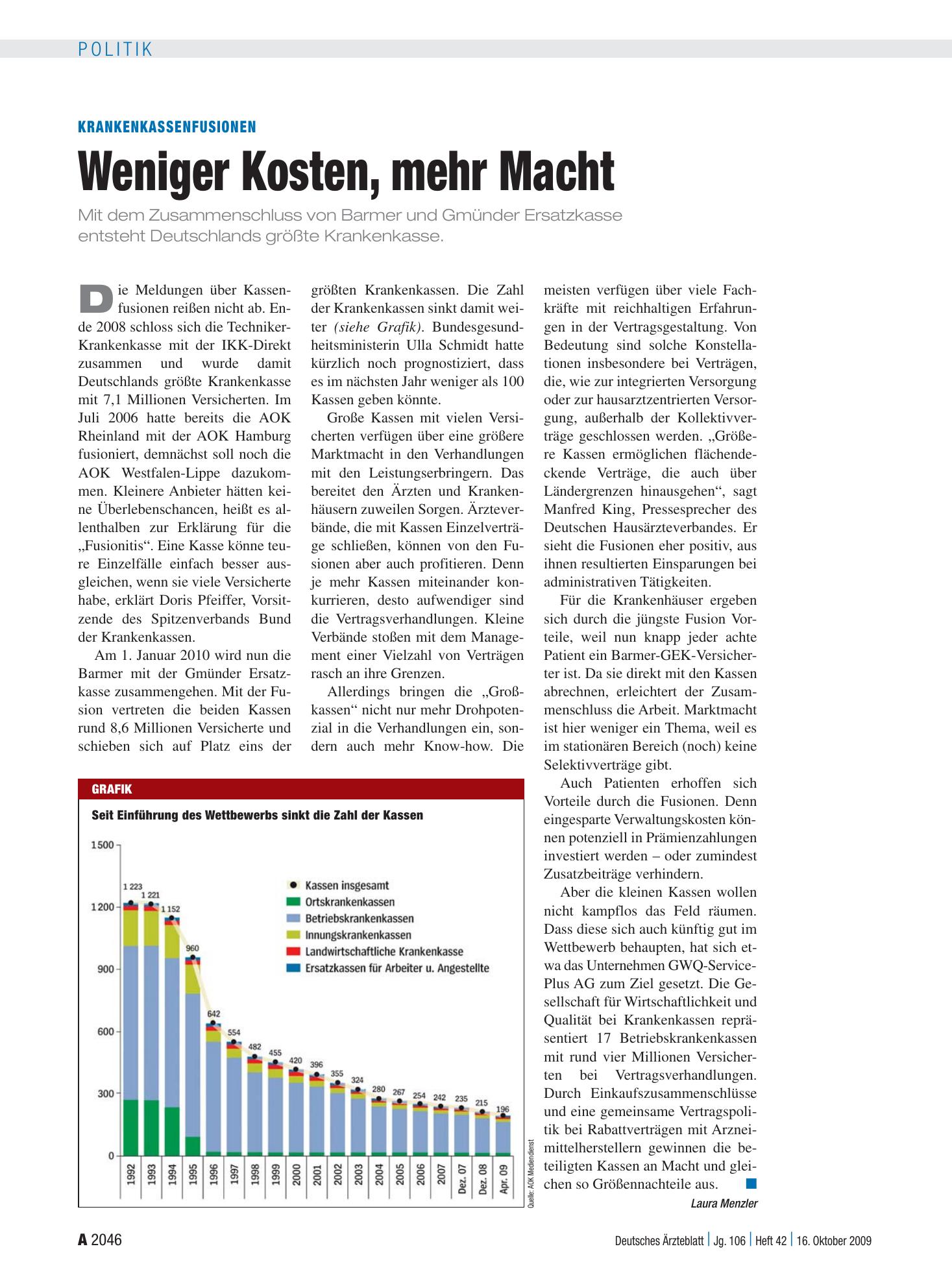 Vorschauseite 1: Krankenkassenfusionen: Weniger Kosten, mehr Macht – Deutsches Ärzteblatt