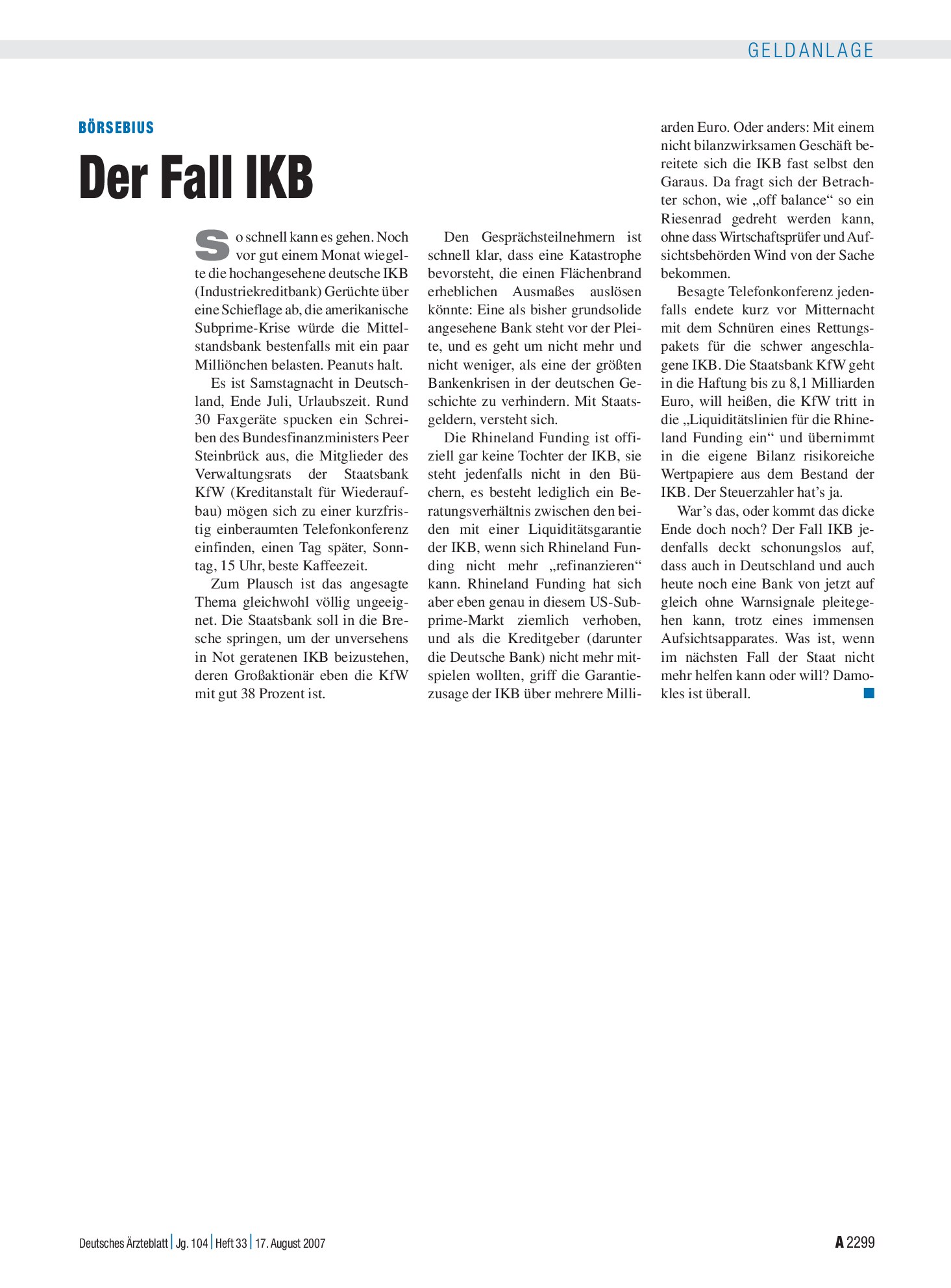 Vorschauseite 1: Der Fall IKB – Deutsches Ärzteblatt