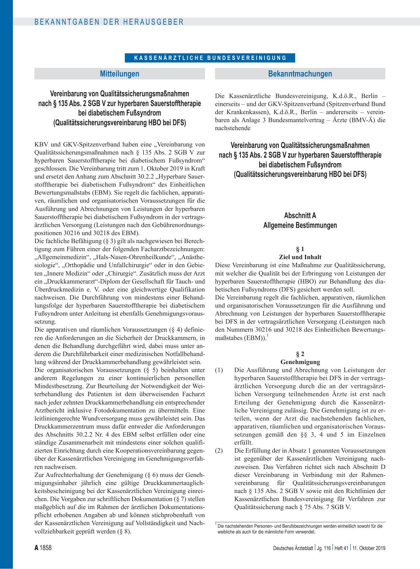 Vorschauseite 1: Vereinbarung von Qualitätssicherungsmaßnahmen nach § 135 Abs. 2 SGB V zur hyperbaren Sauerstofftherapie bei diabetischem Fußsyndrom: Abschnitt A – Allgemeine Bestimmungen, Abschni…
