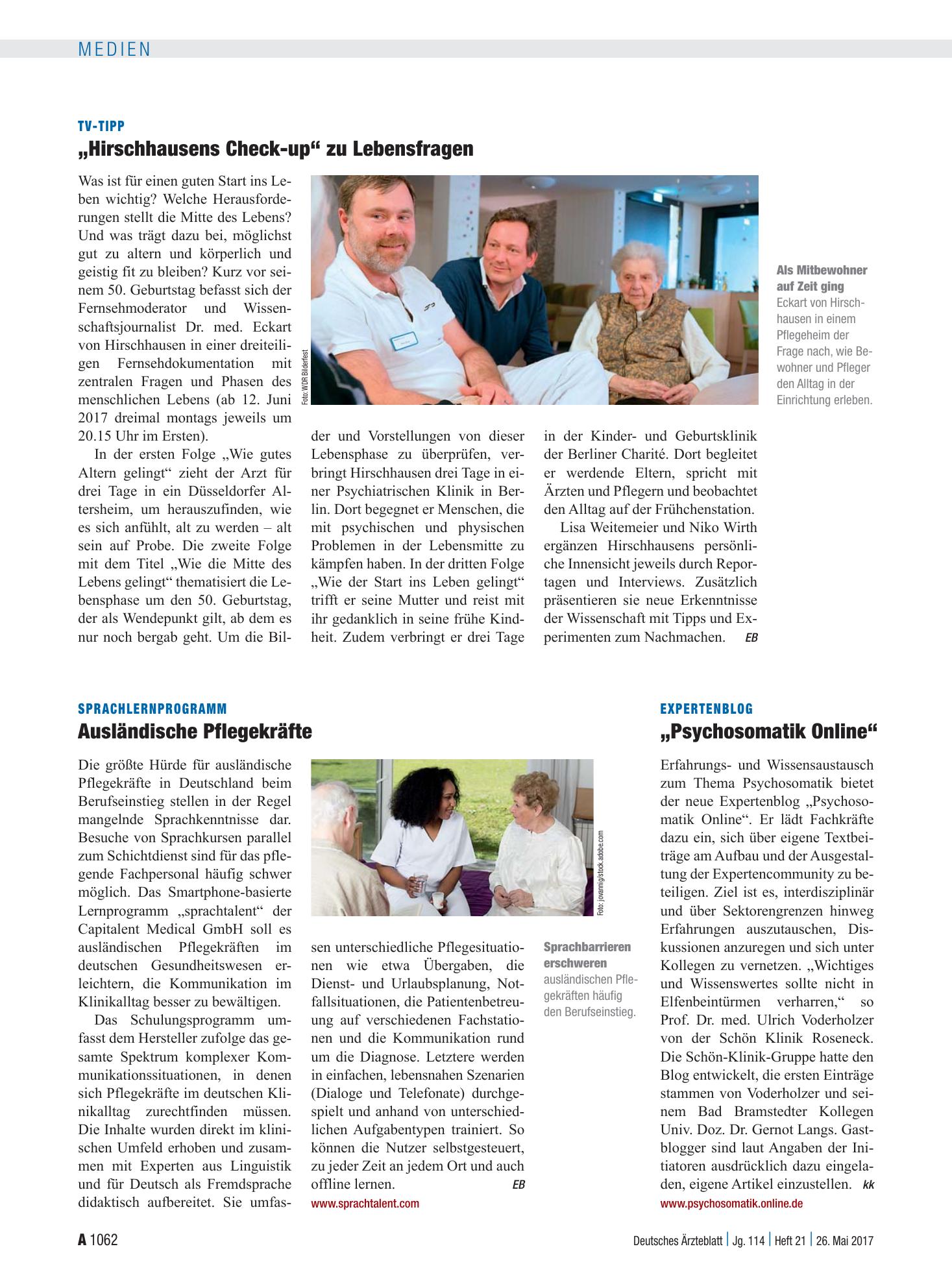 Vorschauseite 1: Sprachlernprogramm: Ausländische Pflegekräfte – Deutsches Ärzteblatt