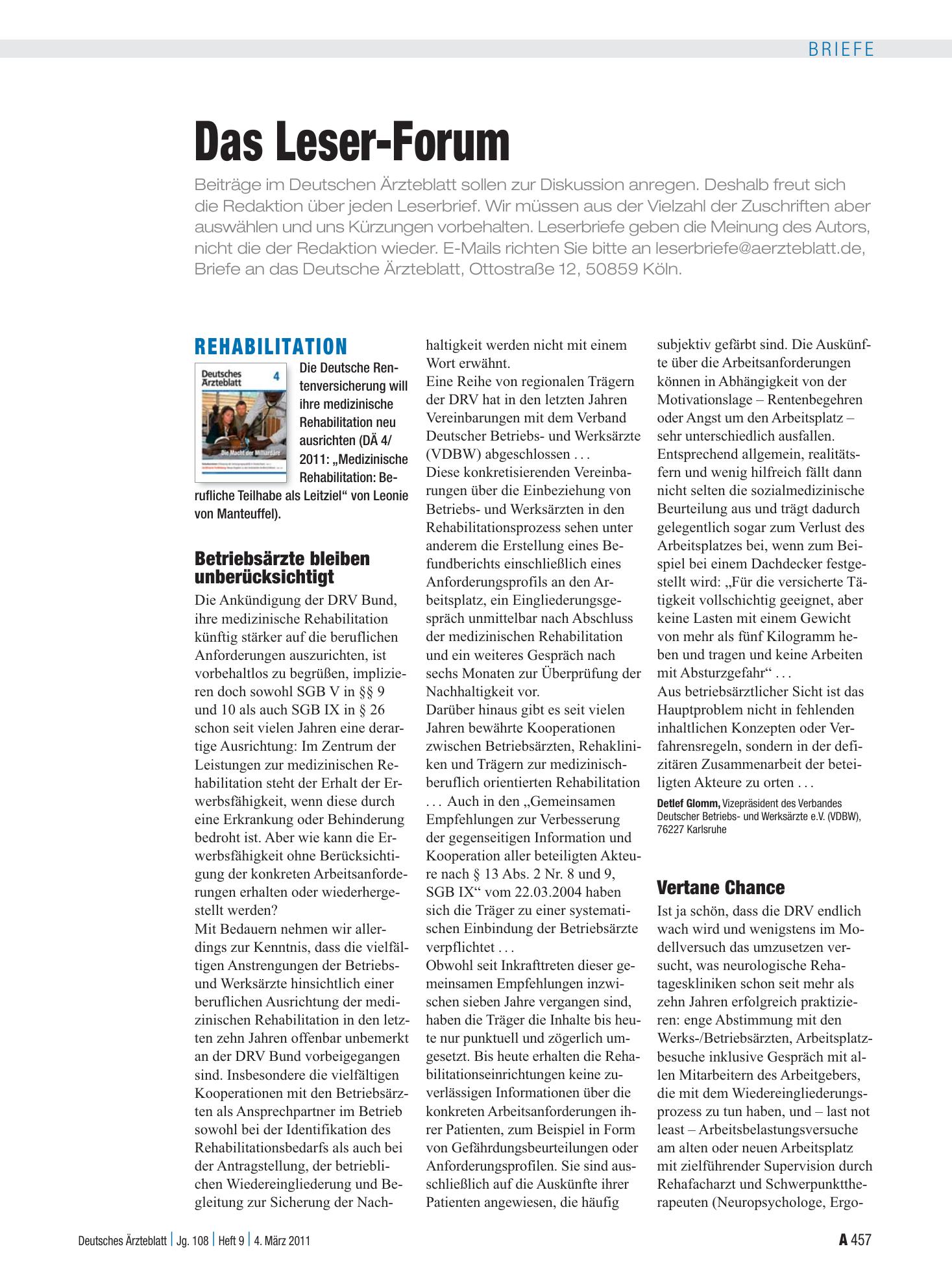 Vorschauseite 1: Rehabilitation: Vertane Chance – Deutsches Ärzteblatt