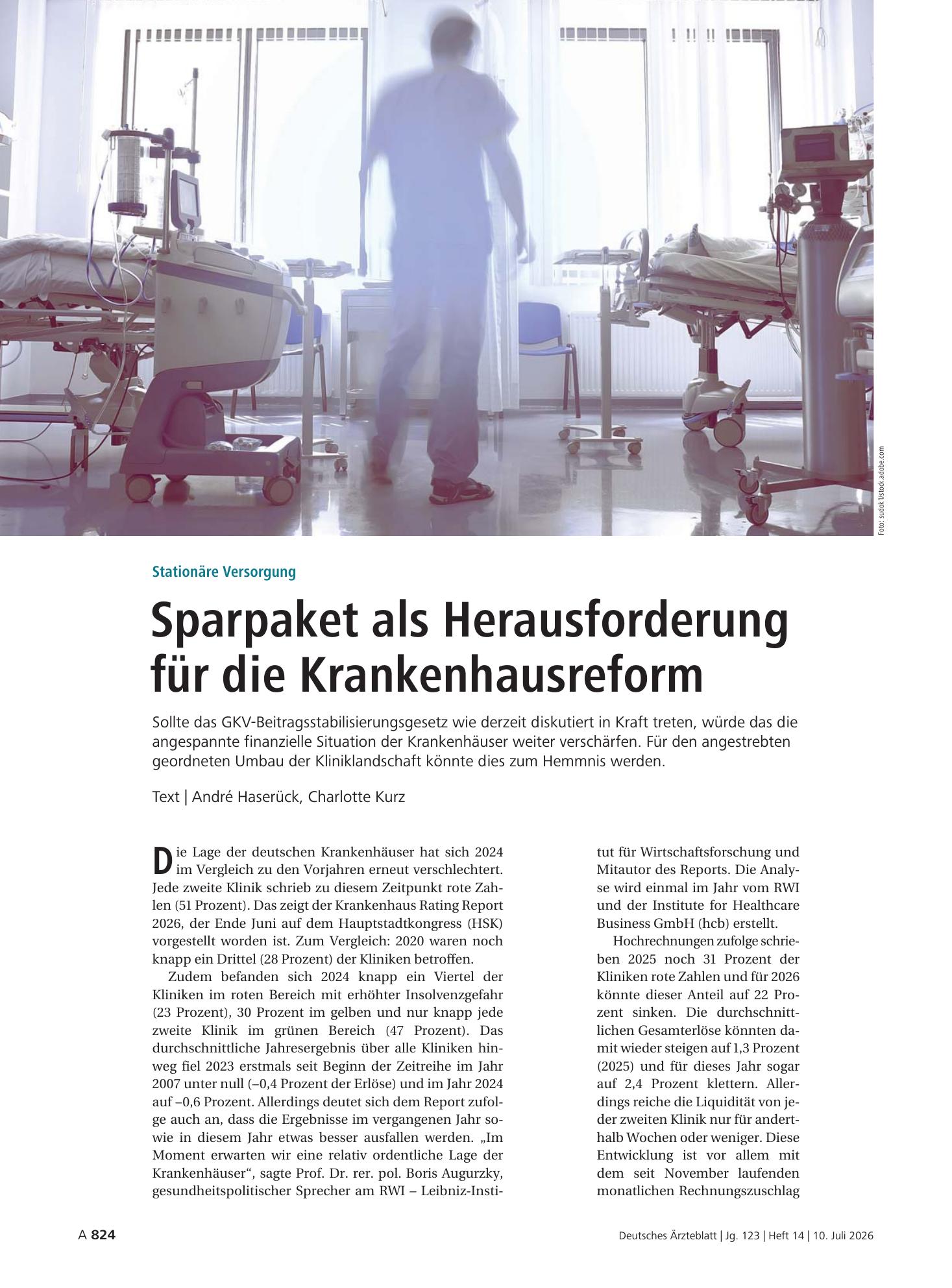 Vorschauseite 1: Stationäre Versorgung: Sparpaket als Herausforderung für die Krankenhausreform – Deutsches Ärzteblatt