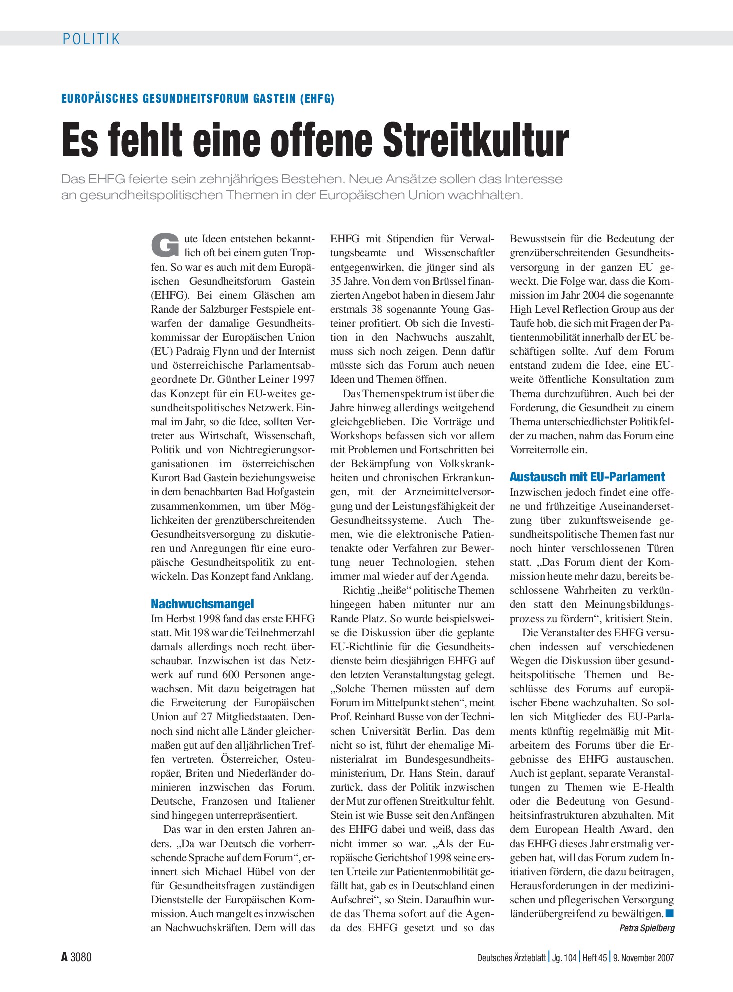Vorschauseite 1: Europäisches Gesundheitsforum Gastein (EHFG): Es fehlt eine offene Streitkultur – Deutsches Ärzteblatt