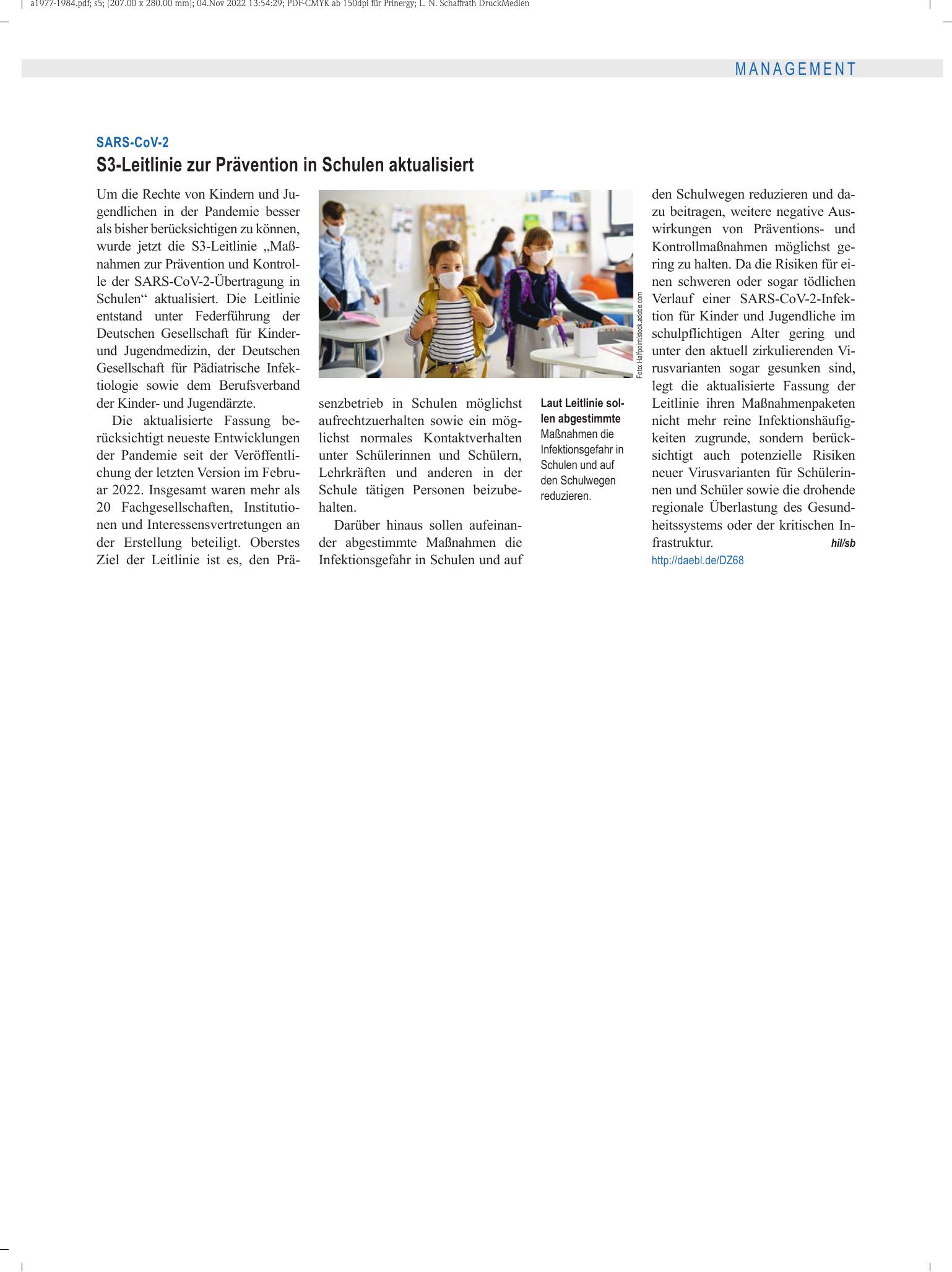 Vorschauseite 1: SARS-CoV-2: S3-Leitlinie zur Prävention in Schulen aktualisiert – Deutsches Ärzteblatt