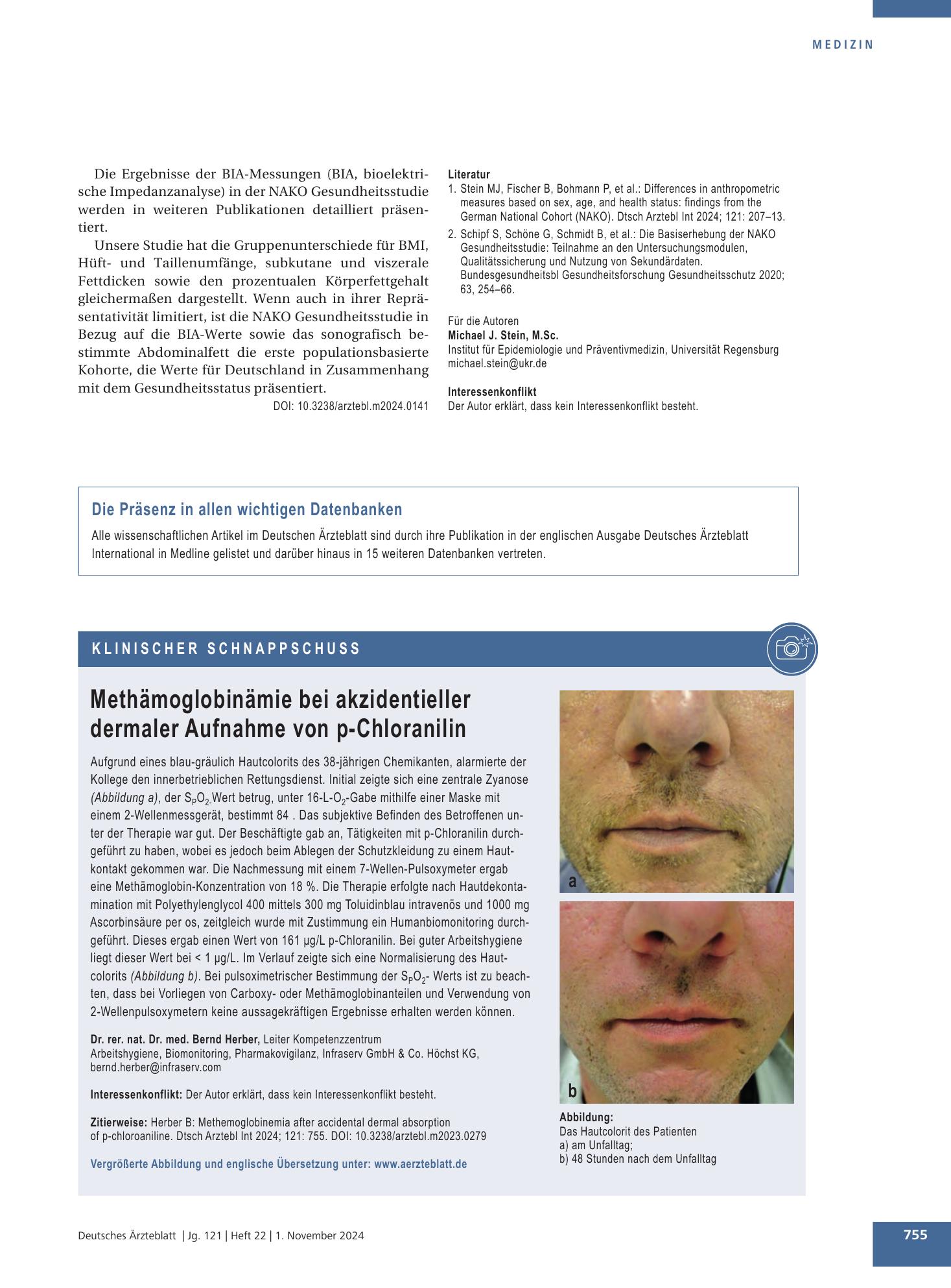 Vorschauseite 1: Methämoglobinämie bei akzidentieller dermaler Aufnahme von p-Chloranilin – Deutsches Ärzteblatt